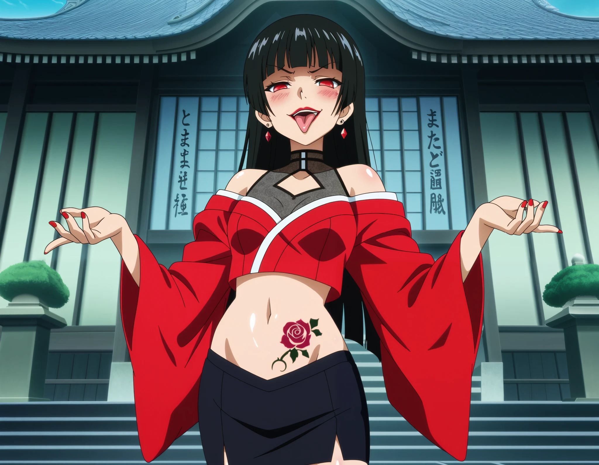 yumeko, black hair,red eyes,bangs,lips,blunt bangs,hime cut,nail polish, red nails,
, evil smile, smug, smirk, anime coloring, unusually open eyes, ear piercing, long hair, blush, lipstick,Hot girl, baddie, smoking, sensual, attractive ,,masterpiece, best quality, highly detailed, a anime girl in kimono dress ,holding sword, bare
shoulder,open kimono, evil smile, open mouth, crop top , (nsfw) not safe for work, smile, ecchi anime
style, anime girls, ecchi style, ecchi, digital anime art!!, in anime style, official artwork, visual novel cg,
beautiful anime girl, anime style 4 k, kimono pencil skirt, exposed belly, exposed navel,
exposed midriff, exposed lower belly, outdoor, japanese architecture, temple,, tattoo on body, tattoo midriff, rose tattoo, shiny skin,tongue out, open
arms sideway, arms T-pose, smirk, standing, anime girl T posing, 