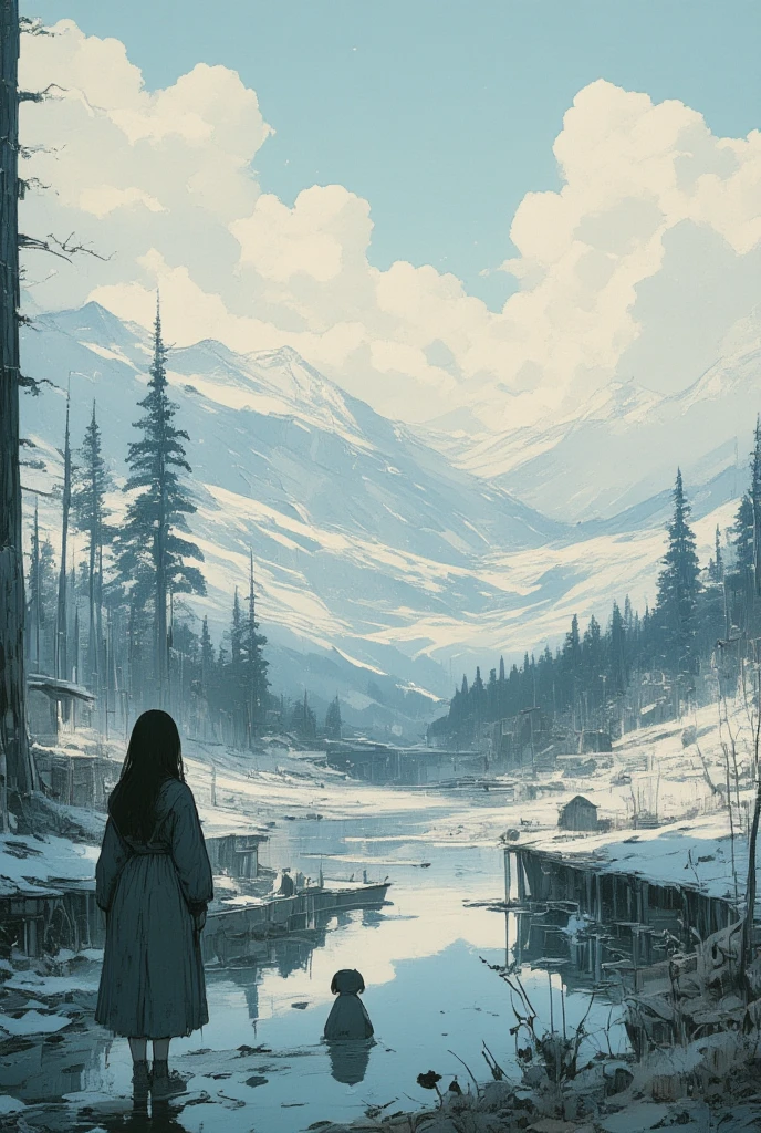 In a dream,  Shadow-shaped girl napping is standing in a blur.  just the lake shaking silently .  human form slightly reflected in lake . Nothing alive . Just a white world , a landscape.  surrealism, Dreamy , loneliness, focus on lake , great  focus on lake 