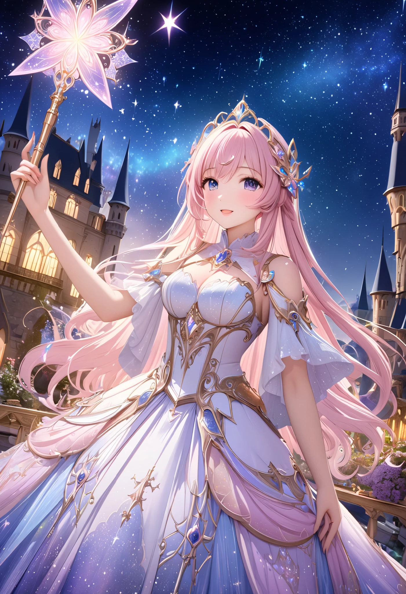 ( top quality, 8k, high definition , high image quality, Masterpiece), Fantastic starry sky, Magical Girl waving a magic wand , the most beautiful anime girl, Starry Castle , Mystery, fairy tale, Ultra Details, A magical night, Dreamy Charm , Celestial Beauty , Wonder and Magic , Mysterious castle, Fairy Tales in Reality , Radiant Elegance , Whimsical Charm , Magical Aura , Twinkling Stars, Guardian of the Light, fantasy world, Night Wizard, Fascinating Adventures , Legendary Tales , backgrounds, Detailed digital CG ,