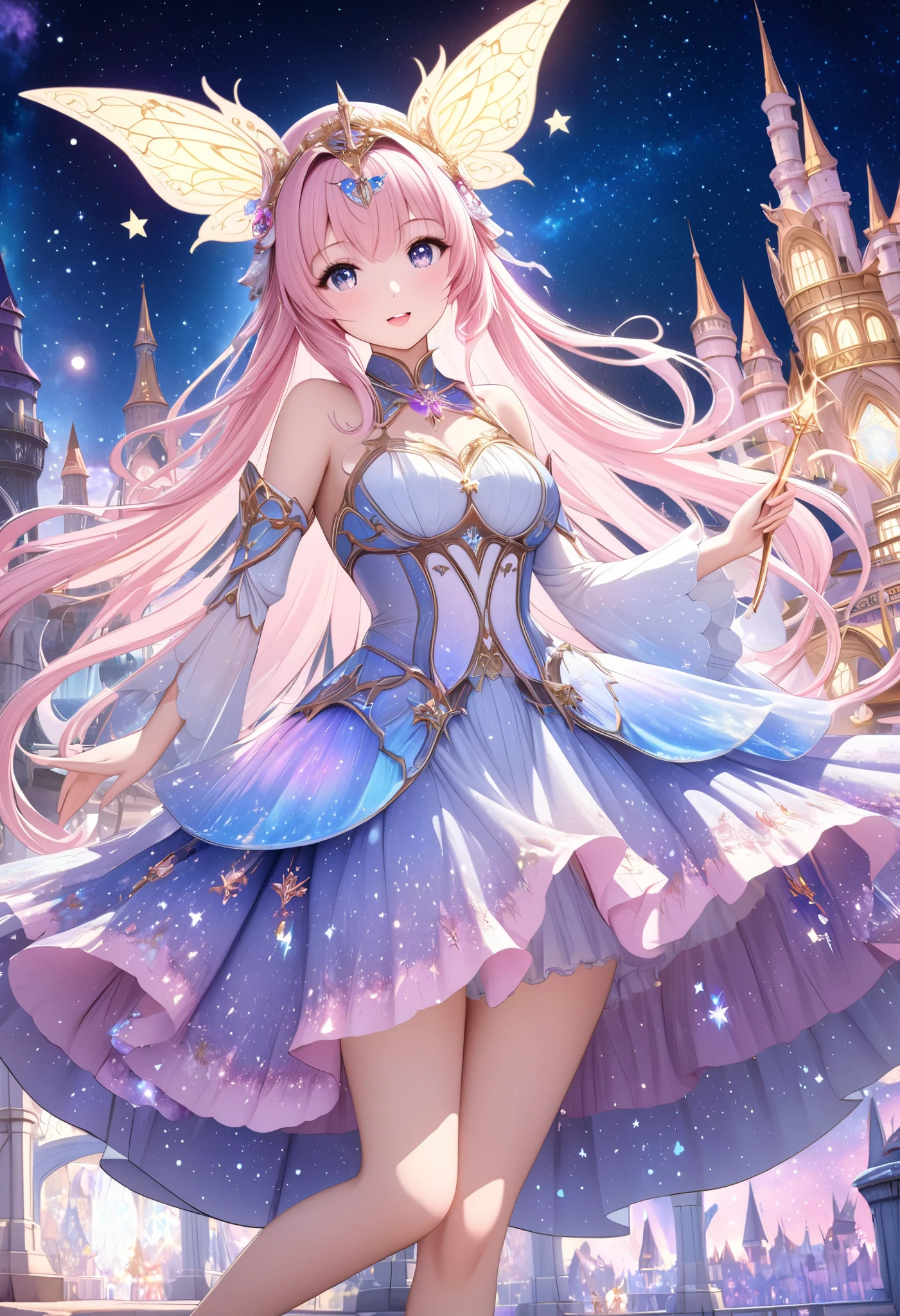  ( top quality, 8k,  high definition ,  high image quality,  Masterpiece), Fantastic starry sky,  Magical Girl waving a magic wand ,  the most beautiful anime girl, Starry Castle , Mystery,  fairy tale, Ultra Details, A magical night,  Dreamy Charm , Celestial Beauty ,  Wonder and Magic , Mysterious castle,  Fairy Tales in Reality ,  Radiant Elegance ,  Whimsical Charm ,  Magical Aura , Twinkling Stars, Guardian of the Light,  fantasy world, Night Wizard,  Fascinating Adventures ,  Legendary Tales ,  backgrounds, Detailed digital CG , 