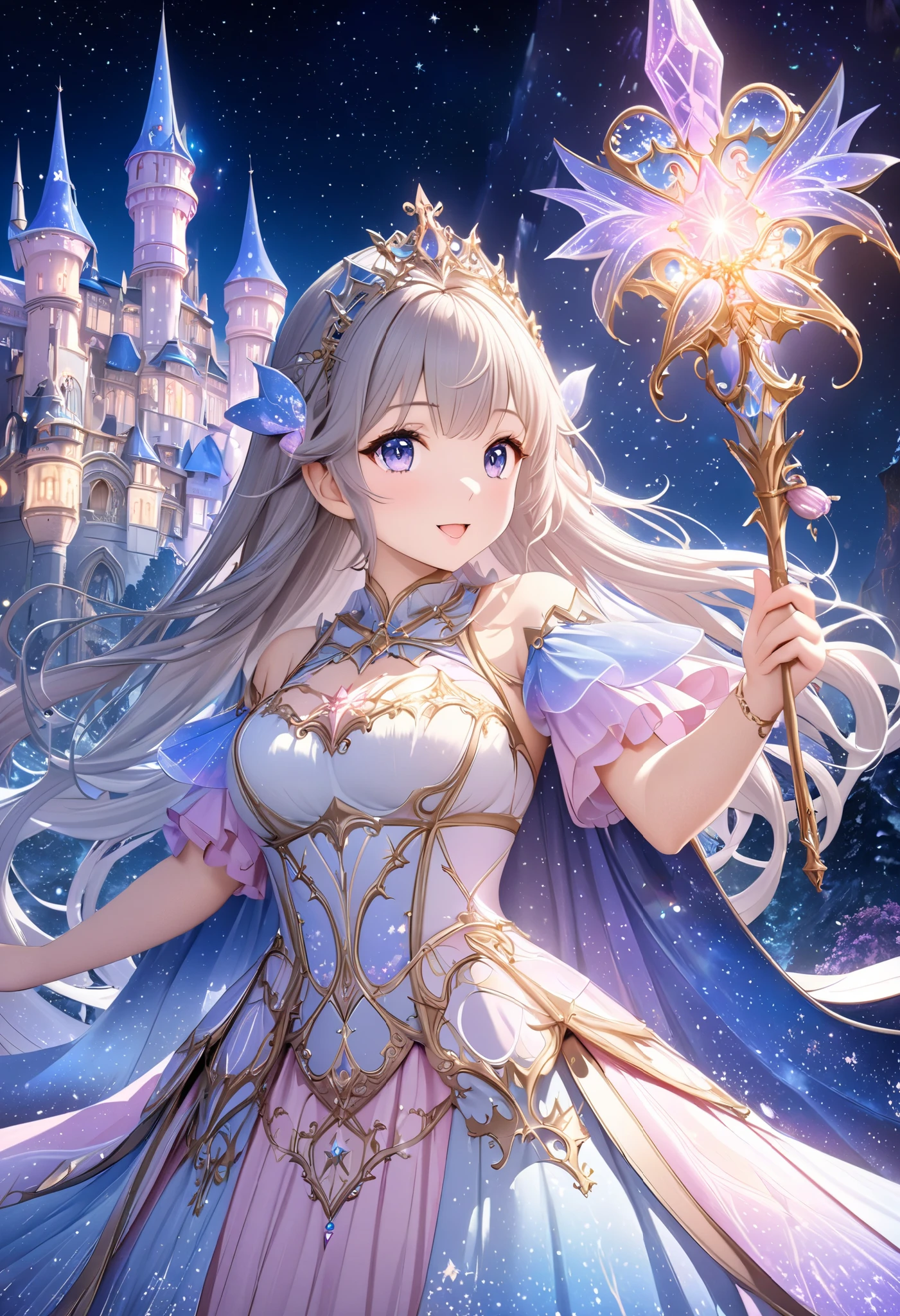  ( top quality, 8k,  high definition ,  high image quality,  Masterpiece), Fantastic starry sky,  Magical Girl waving a magic wand ,  the most beautiful anime girl, Starry Castle , Mystery,  fairy tale, Ultra Details, A magical night,  Dreamy Charm , Celestial Beauty ,  Wonder and Magic , Mysterious castle,  Fairy Tales in Reality ,  Radiant Elegance ,  Whimsical Charm ,  Magical Aura , Twinkling Stars, Guardian of the Light,  fantasy world, Night Wizard,  Fascinating Adventures ,  Legendary Tales ,  backgrounds, Detailed digital CG , 