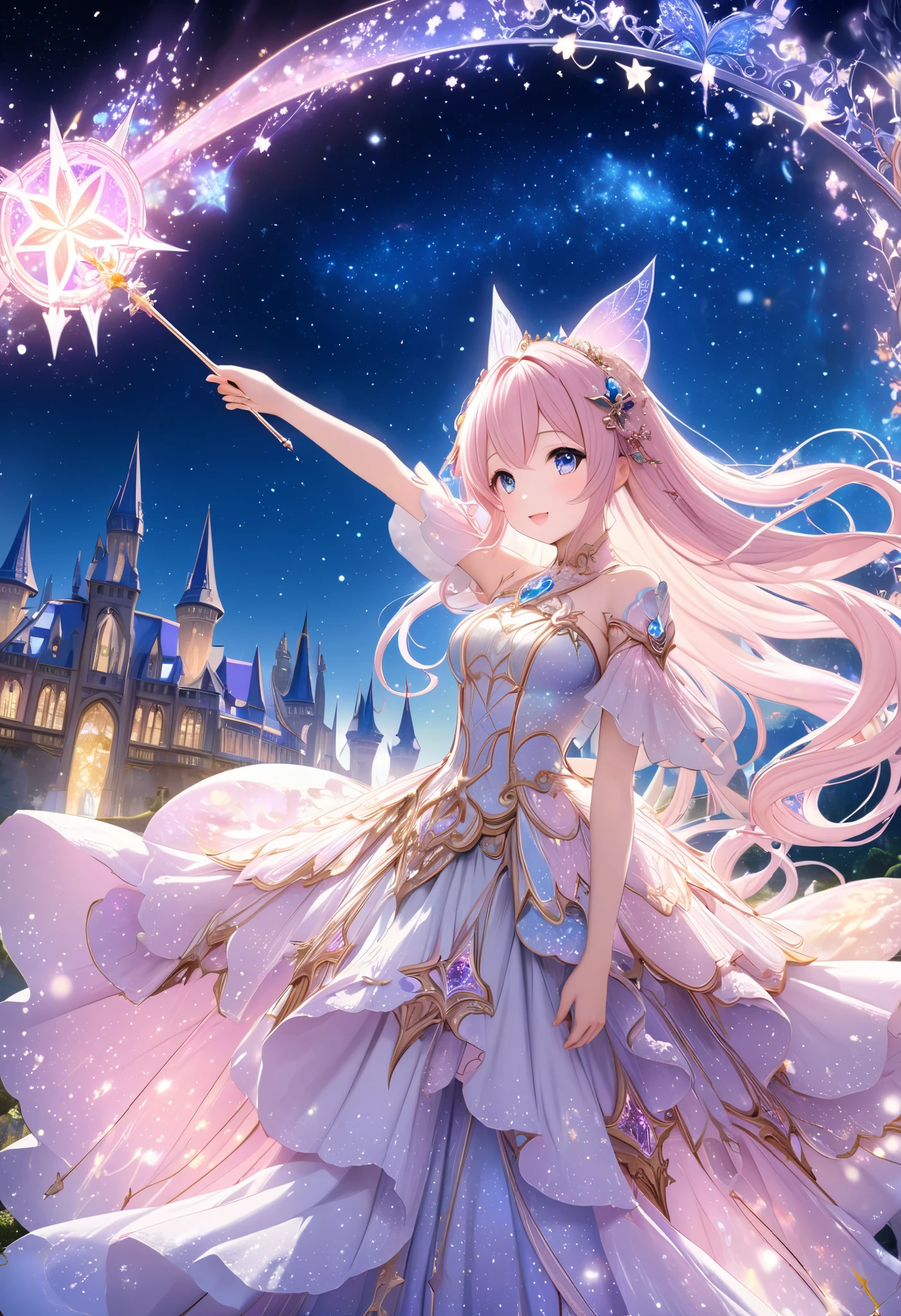  ( top quality, 8k,  high definition ,  high image quality,  Masterpiece), Fantastic starry sky,  Magical Girl waving a magic wand ,  the most beautiful anime girl, Starry Castle , Mystery,  fairy tale, Ultra Details, A magical night,  Dreamy Charm , Celestial Beauty ,  Wonder and Magic , Mysterious castle,  Fairy Tales in Reality ,  Radiant Elegance ,  Whimsical Charm ,  Magical Aura , Twinkling Stars, Guardian of the Light,  fantasy world, Night Wizard,  Fascinating Adventures ,  Legendary Tales ,  backgrounds, Detailed digital CG , 