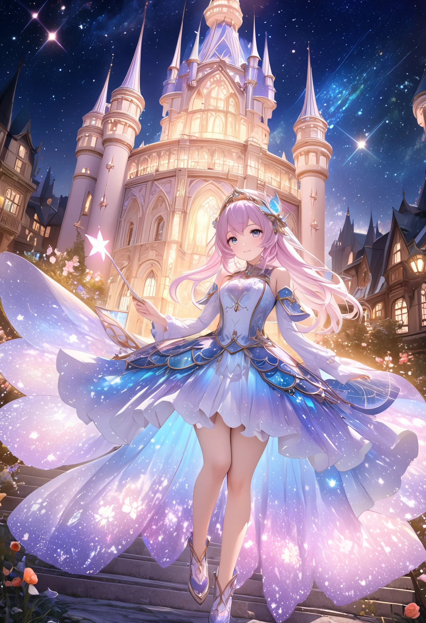  ( top quality, 8k,  high definition ,  high image quality,  Masterpiece), Fantastic starry sky,  Magical Girl waving a magic wand ,  the most beautiful anime girl, Starry Castle , Mystery,  fairy tale, Ultra Details, A magical night,  Dreamy Charm , Celestial Beauty ,  Wonder and Magic , Mysterious castle,  Fairy Tales in Reality ,  Radiant Elegance ,  Whimsical Charm ,  Magical Aura , Twinkling Stars, Guardian of the Light,  fantasy world, Night Wizard,  Fascinating Adventures ,  Legendary Tales ,  backgrounds, Detailed digital CG , 