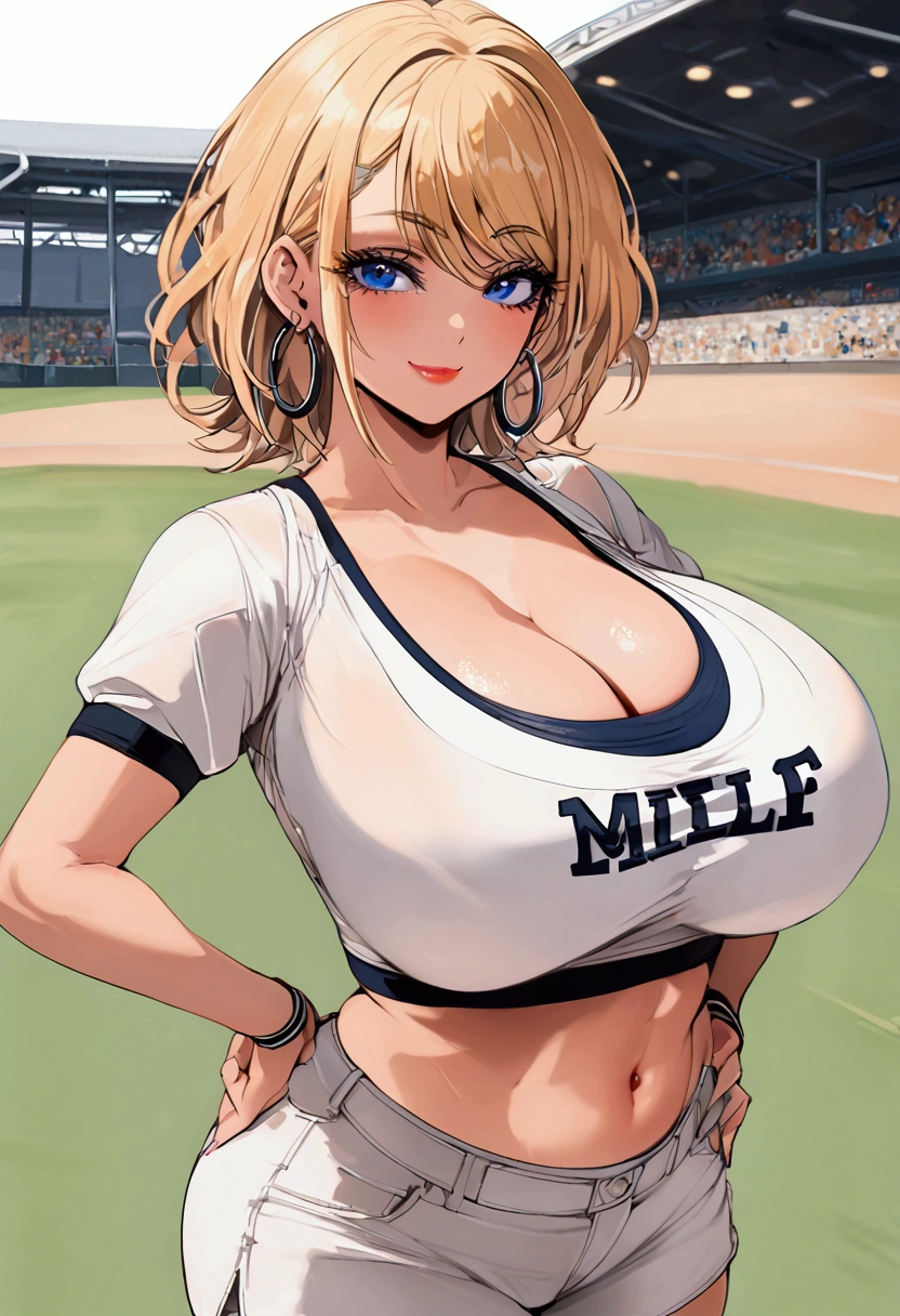 Mmimi style, MILF, mature, blonde hair, blue eyes, eyelashes, hoop earrings, short hair, earrings, looking at the viewer,1girl, solo focus, platinum blonde hair, baseball cap, field, white denim shorts, sports jersey crop top, huge breasts, cleavage, hands on hips, smirking, leaning back