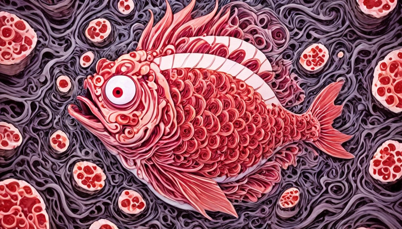 C(disturbing:1.15) entity amidst a labyrinth of Escher-like geometries. Its sinewy, (metallic parts:1.05) should interlace with the patterns, making it difficult to discern where the she (evil sushi:1.1) fish (roe face:1.25)  creature ends and the background begins. The patterns should seem to pulsate with the creature's (unnatural:1.05) life.(Horror:1.15), (liquid melting and dripping brain:1.15),hot spicy sauce, painfull spicy, 1million scoville, painted with a chainsaw,hyperrealistic, photorealistic, Ancient one,(gigercraft:1.1), (c1bo:1.1),