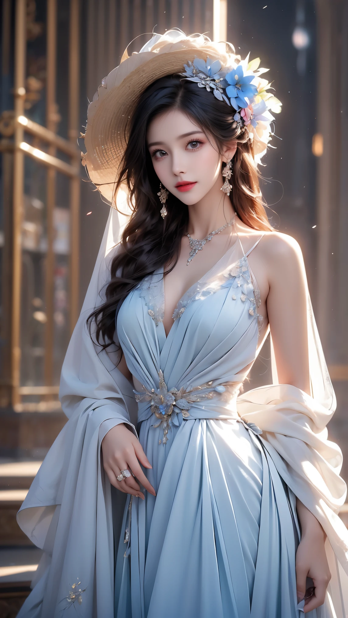 (((Best quality, 8k, Masterpiece: 1.3)), ((best quality)), ((masterpiece)), (detailed), perfect face, perfect body, (detailed skin:1.3), (intricate details),, gorgeous dress, wide open chest, blue hair, rich hair, detailed fingertips, looking here, Upper body, shiny hair, Beautiful smile, white skin, High resolution, glittering costumes, standing position, mature adult woman, Wide-brimmed hat decorated with flowers