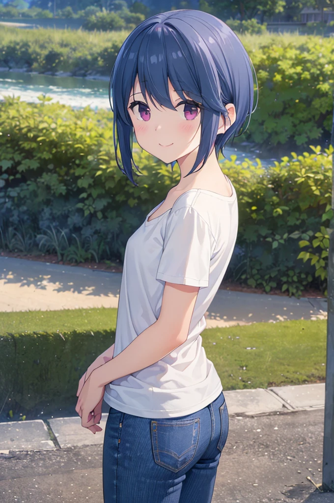  top quality,   Masterpiece ,  super high resolution, ( realistic : 1.4),Island Rin,  RAW photo,  1 girl, ,   knight , short haired 、Cottage, look at me, small breasts,,  Best Smile ,  pubic skin, Dramatic lighting,  nice,  (cutest smile),  deep neckline ,(T-Shirts、jeans))、Backwards、 Looking Back