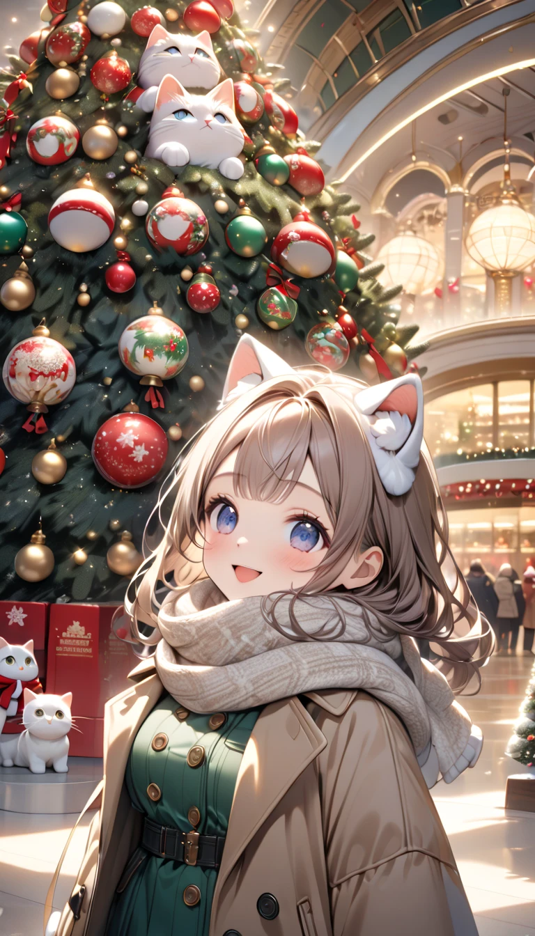 (masterpiece, ultra-detailed, best quality, clear focus, dramatic scene, cinematic), shadow, (ultra-high resolution, 8k), perfect anatomy, perfect face, (detailed face, detailed eye, chibi), cute Japanese chibi girl, famous Japanese chibi idol, very beautiful and cute and cool face, (wearing stylish winter outfit with long coat, woolen scarf and glove:1.2), (large breasts), (She is looking at the Gorgeously decorated giant cat like a Christmas tree in the historical department store:1.3), amazing Christmas tree of cute cat, big Christmas tree, (Neatly arranged cat statue products In the Christmas merchandise section of a department store), the store is gorgeously decorated with Christmas decorations, Christmas illuminations, professional lighting, (detailed giant cat is mewing:1.3), she looks so surprised, happy smile