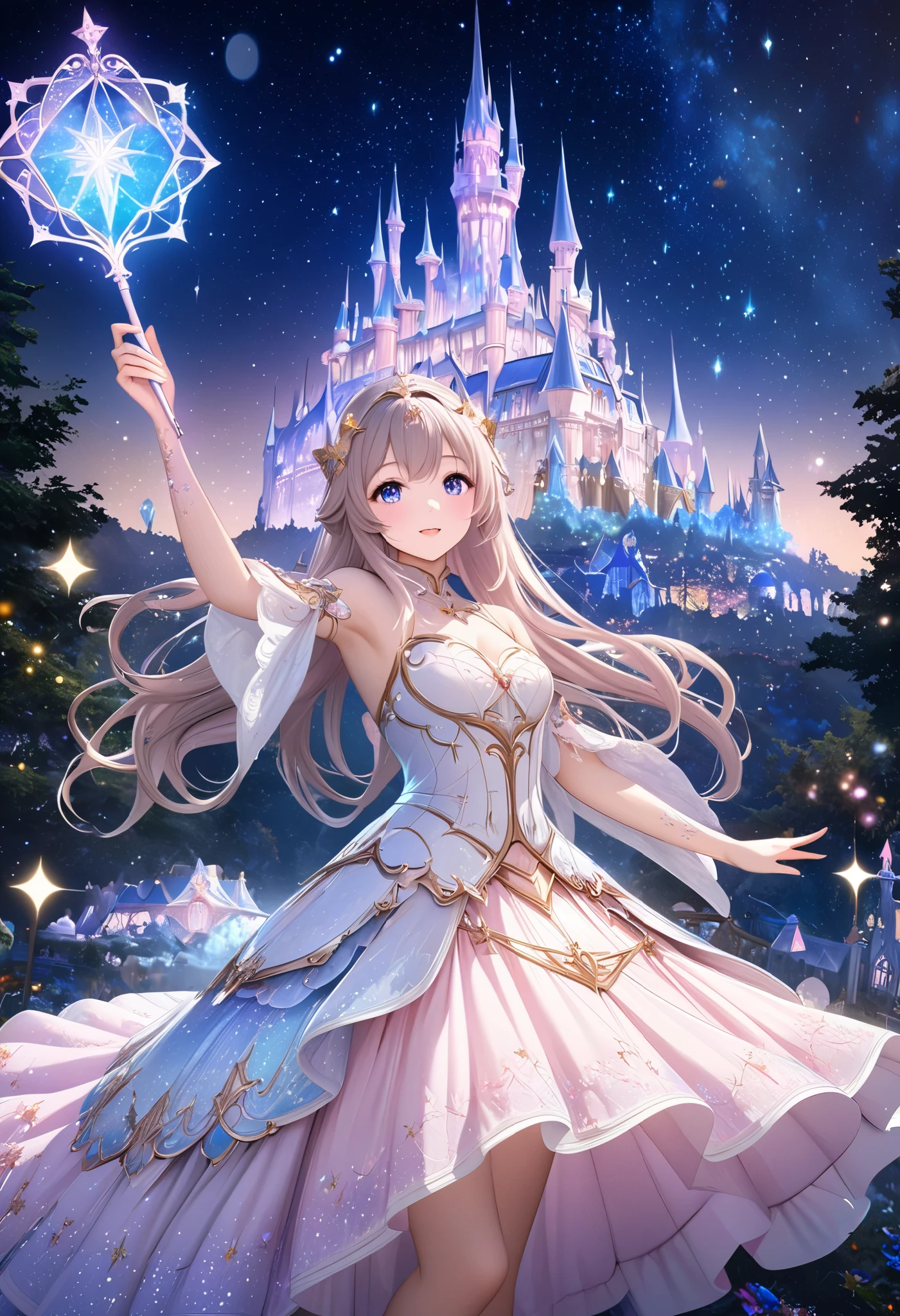  ( top quality, 8k,  high definition ,  high image quality,  Masterpiece), Fantastic starry sky,  Magical Girl waving a magic wand ,  the most beautiful anime girl, Starry Castle , Mystery,  fairy tale, Ultra Details, A magical night,  Dreamy Charm , Celestial Beauty ,  Wonder and Magic , Mysterious castle,  Fairy Tales in Reality ,  Radiant Elegance ,  Whimsical Charm ,  Magical Aura , Twinkling Stars, Guardian of the Light,  fantasy world, Night Wizard,  Fascinating Adventures ,  Legendary Tales ,  backgrounds, Detailed digital CG , 