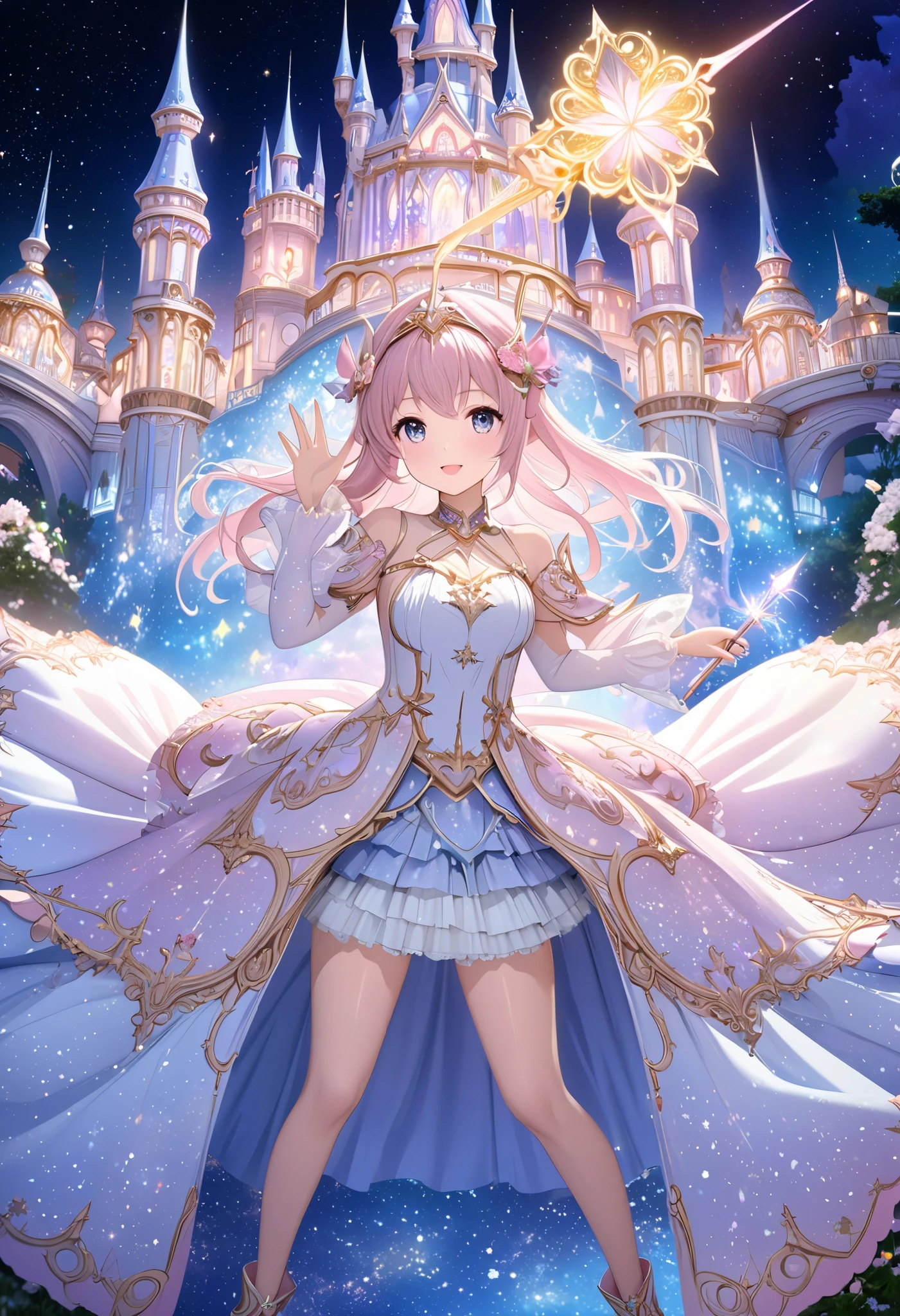  ( top quality, 8k,  high definition ,  high image quality,  Masterpiece), Fantastic starry sky,  Magical Girl waving a magic wand ,  the most beautiful anime girl, Starry Castle , Mystery,  fairy tale, Ultra Details, A magical night,  Dreamy Charm , Celestial Beauty ,  Wonder and Magic , Mysterious castle,  Fairy Tales in Reality ,  Radiant Elegance ,  Whimsical Charm ,  Magical Aura , Twinkling Stars, Guardian of the Light,  fantasy world, Night Wizard,  Fascinating Adventures ,  Legendary Tales ,  backgrounds, Detailed digital CG , 