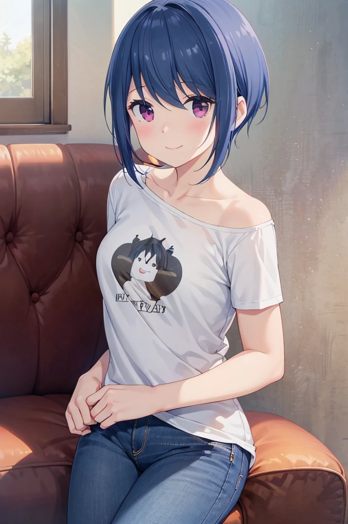  top quality,   Masterpiece ,  super high resolution, ( realistic : 1.4),Island Rin,  RAW photo,  1 girl, ,   knight , short haired 、Cottage Room, look at me, small breasts,,  Best Smile ,  pubic skin, Dramatic lighting,  nice,  (cutest smile),  deep neckline ,(T-Shirts、jeans、 panty line))、Backwards、 Looking Back