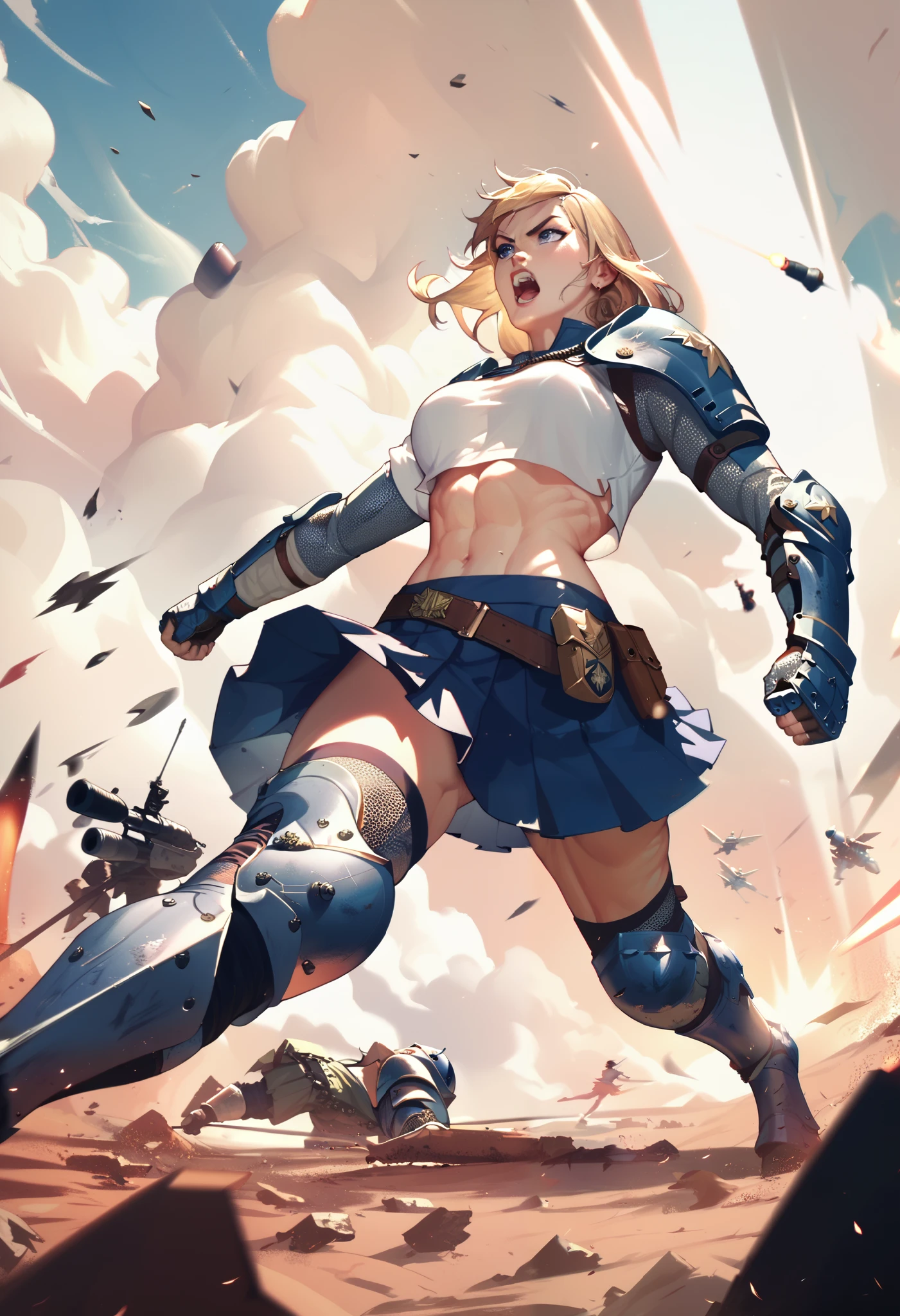 Karuizawa :  ready to fight , skirt,Crop top,Hand back ,combat armor, BATTLEFIELD ,epic,