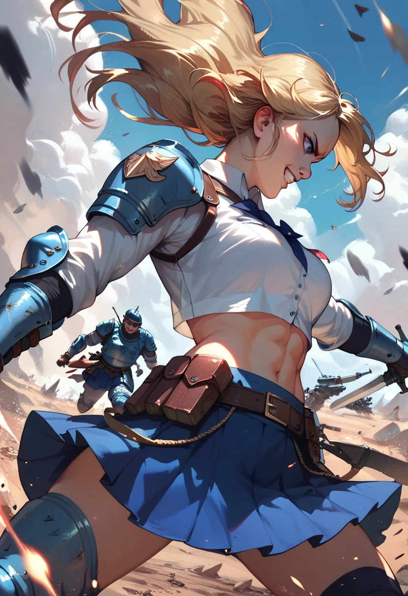 Karuizawa :  ready to fight , skirt,Crop top,Hand back ,combat armor, BATTLEFIELD ,epic,