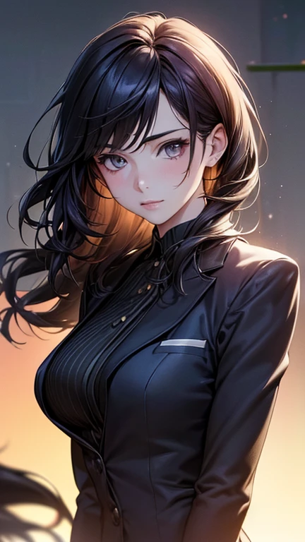 a cool anime 18 years old girl in formal suit, elegant suit, bossy vibes, smart girl, sharp eye, long wavy hair, beautiful detailed face, adorable girl, 3:4 body looks, perfect body ratio, front view, look at the camera, perfect background, (best quality,4k,8k,highres,masterpiece:1.2),ultra-detailed,(realistic,photorealistic,photo-realistic:1.37),HDR,UHD,studio lighting,ultra-fine painting,sharp focus,physically-based rendering,extreme detail description,professional,vivid colors,bokeh,portraits,anime