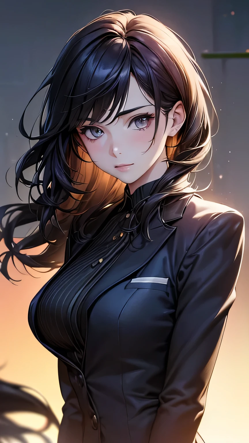 a cool anime 18 years old girl in formal suit, elegant suit, bossy vibes, smart girl, sharp eye, long wavy hair, beautiful detailed face, adorable girl, 3:4 body looks, perfect body ratio, front view, look at the camera, perfect background, (best quality,4k,8k,highres,masterpiece:1.2),ultra-detailed,(realistic,photorealistic,photo-realistic:1.37),HDR,UHD,studio lighting,ultra-fine painting,sharp focus,physically-based rendering,extreme detail description,professional,vivid colors,bokeh,portraits,anime