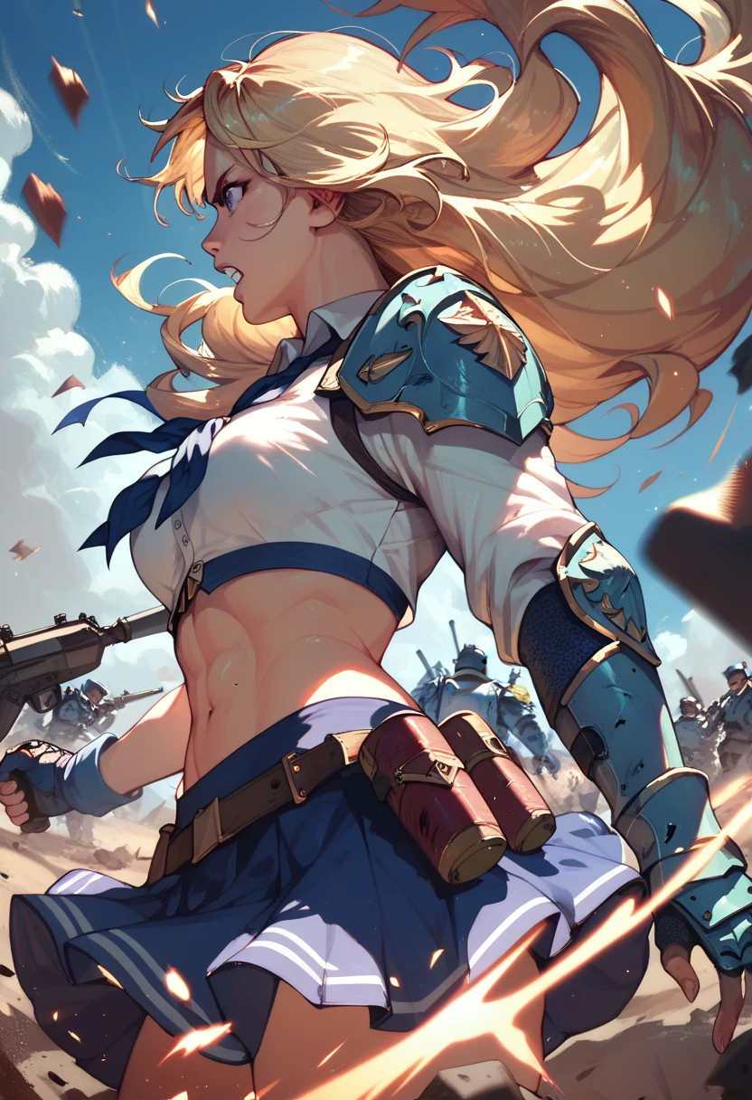 Karuizawa :  ready to fight , skirt,Crop top,Hand back ,combat armor, BATTLEFIELD ,epic,