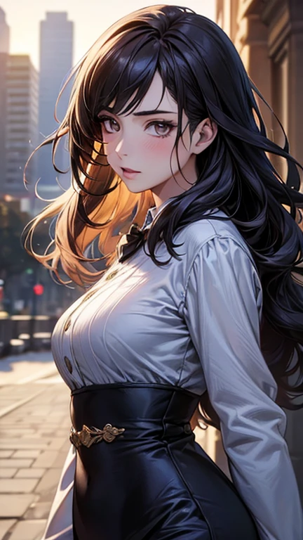 a cool anime 18 years old girl in formal suit, elegant suit, bossy vibes, smart girl, sharp eye, long wavy hair, beautiful detailed face, adorable girl, 3:4 body looks, perfect body ratio, front view, look at the camera, perfect background, (best quality,4k,8k,highres,masterpiece:1.2),ultra-detailed,(realistic,photorealistic,photo-realistic:1.37),HDR,UHD,studio lighting,ultra-fine painting,sharp focus,physically-based rendering,extreme detail description,professional,vivid colors,bokeh,portraits,anime