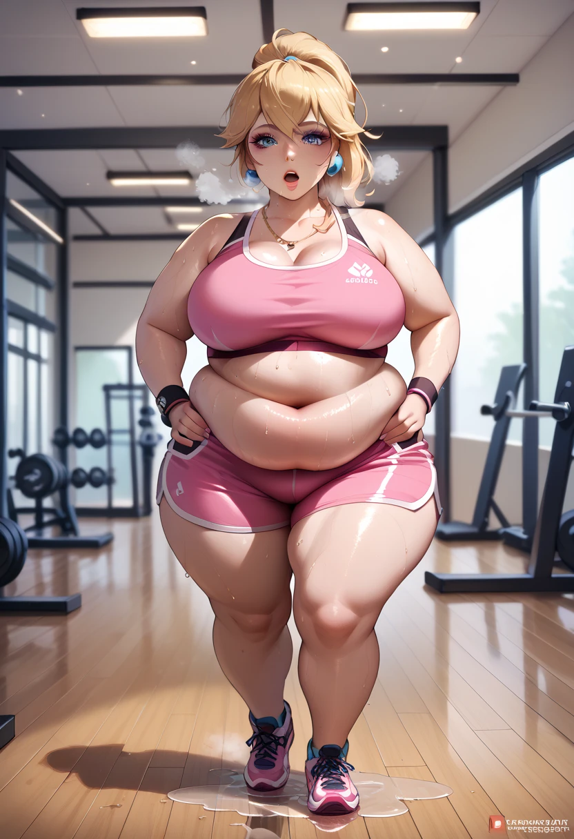 score_9, score_8_up, score_7_up, BREAK,princesspeach, 1girl, solo, , blonde hair, ponytail, jewelry, bracelet, makeup, casual, cowboy shot, blue eyes, looking at the viewer, large breasts, hands on hips, tight pink tanktop, sweaty, tight pink shorts, sweating profusely, open mouth, exhausted, heavy breathing, puddle of sweat on the ground, steam coming out her mouth, gym, indoors, thick, obese, soft belly, chubby, wide hips, sexy hips, full body, big belly, thicc thighs, sexy, out of breath
