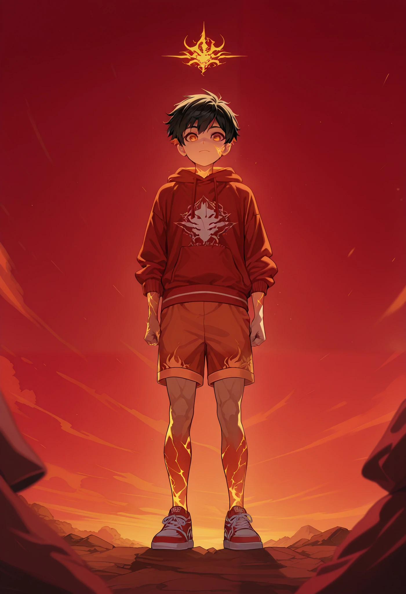  top quality, Intricate details,  Anime Characters、 depth of field,  1 boy,  black hair,  orange eyes ,  orange shorts showing from the front、Red sneakers、 red and blue hoodie ,whole body、 standing、Muscular、 sunburned skin、 are shown directly from the front