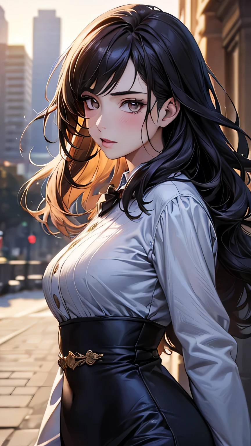 a cool anime 18 years old girl in formal suit, elegant suit, bossy vibes, smart girl, sharp eye, long wavy hair, beautiful detailed face, adorable girl, 3:4 body looks, perfect body ratio, front view, look at the camera, perfect background, (best quality,4k,8k,highres,masterpiece:1.2),ultra-detailed,(realistic,photorealistic,photo-realistic:1.37),HDR,UHD,studio lighting,ultra-fine painting,sharp focus,physically-based rendering,extreme detail description,professional,vivid colors,bokeh,portraits,anime