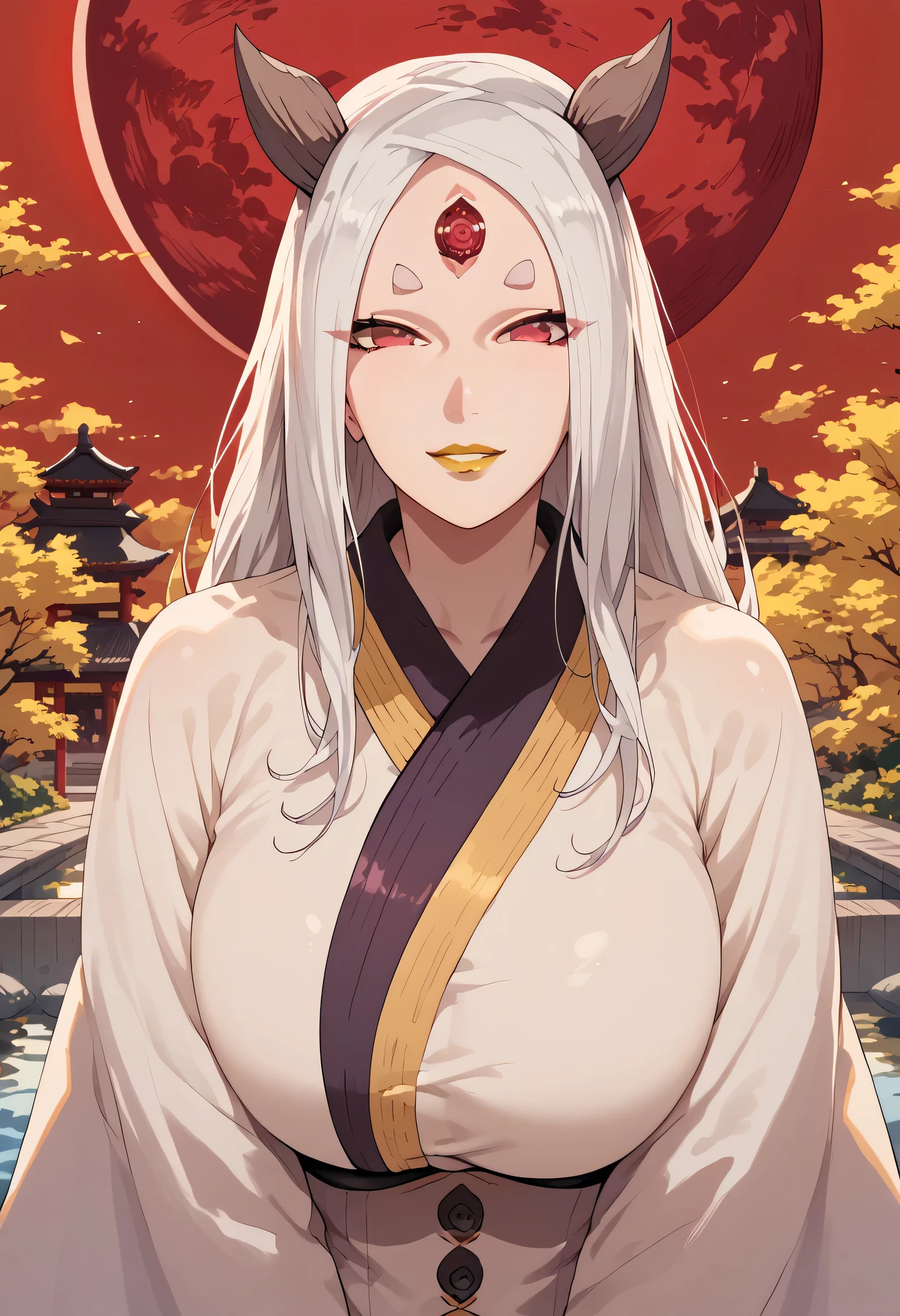 kaguya, girl, solo, kimono, red eyes, temple, red moon, big breasts, lake, beautiful, happy, anime style, looking at viewer, yellow lipstick, white hair, yellow lips