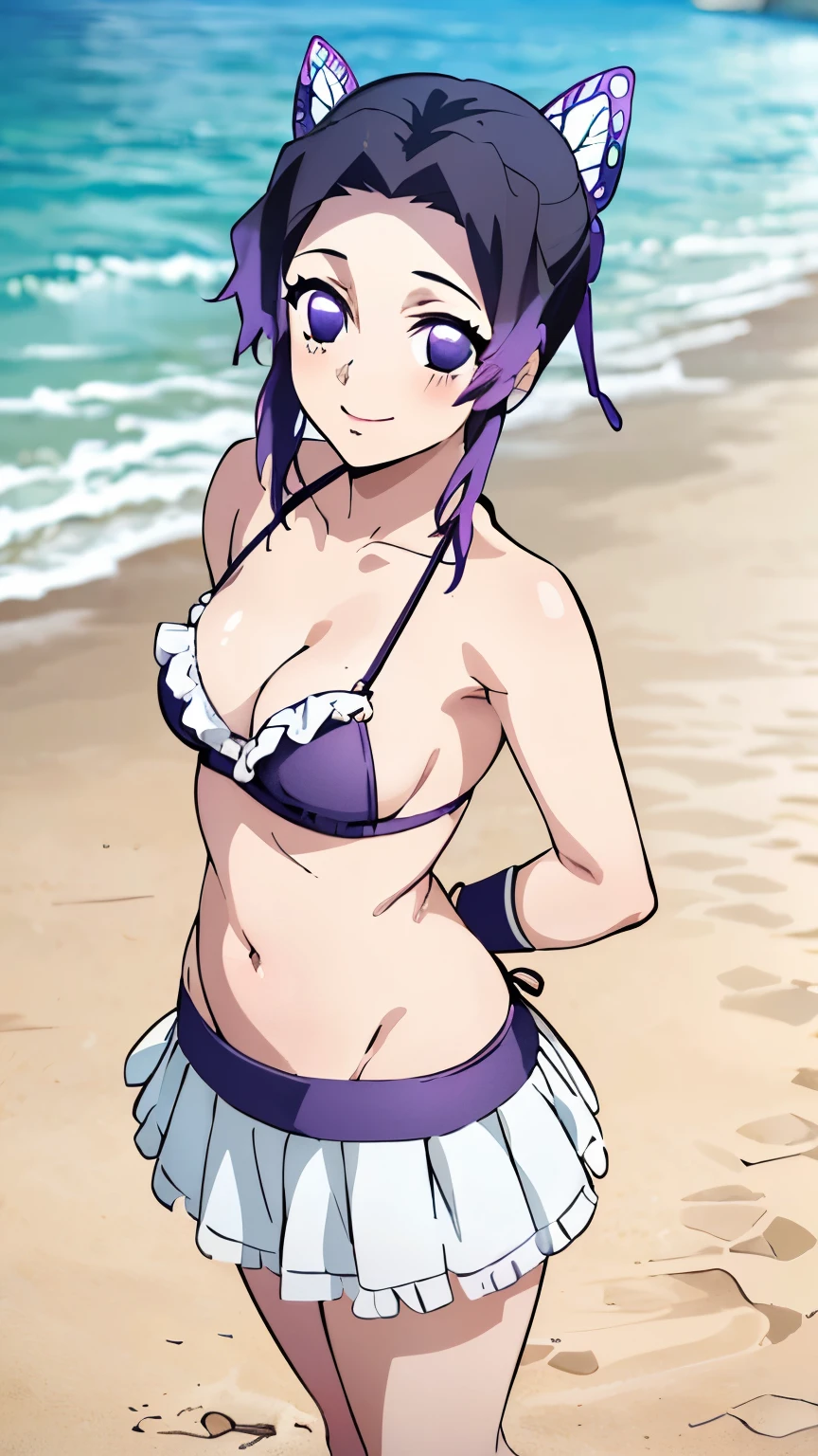 shinobu, EFT_Shinobu, 1girl, kochou shinobu, butterfly hair ornament, hair ornament, purple hair, multicolored hair, purple eyes, black hair, gradient hair, short hair, parted bangs, no pupils, bangs, score_7_up, BREAK source_anime, 1girl, solo, professional light, huge ass, big ass, small purple bikini, looking back at viewer, sunny, beach, beach background, sand, ocean, rear pov, dripping wet, flirty smile, small smile, head turning back, standing up, standing straight up, hand on hip, turning back, bikini, huge breasts, big butt, large butt