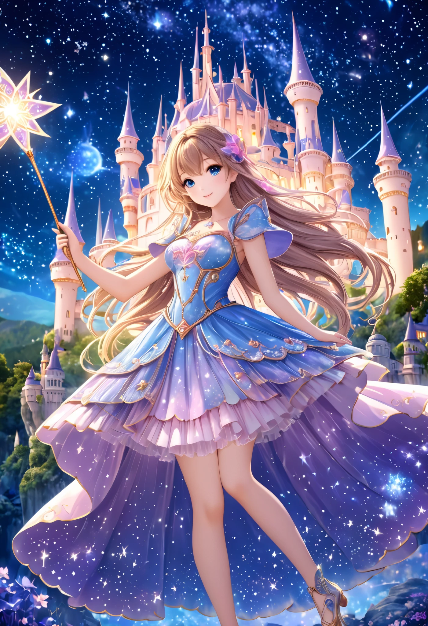  ( top quality, 8k,  high definition ,  high image quality,  Masterpiece), Fantastic starry sky,  Magical Girl waving a magic wand ,  the most beautiful anime girl, Starry Castle , Mystery,  fairy tale, Ultra Details, A magical night,  Dreamy Charm , Celestial Beauty ,  Wonder and Magic , Mysterious castle,  Fairy Tales in Reality ,  Radiant Elegance ,  Whimsical Charm ,  Magical Aura , Twinkling Stars, Guardian of the Light,  fantasy world, Night Wizard,  Fascinating Adventures ,  Legendary Tales ,  backgrounds, Detailed digital CG , 