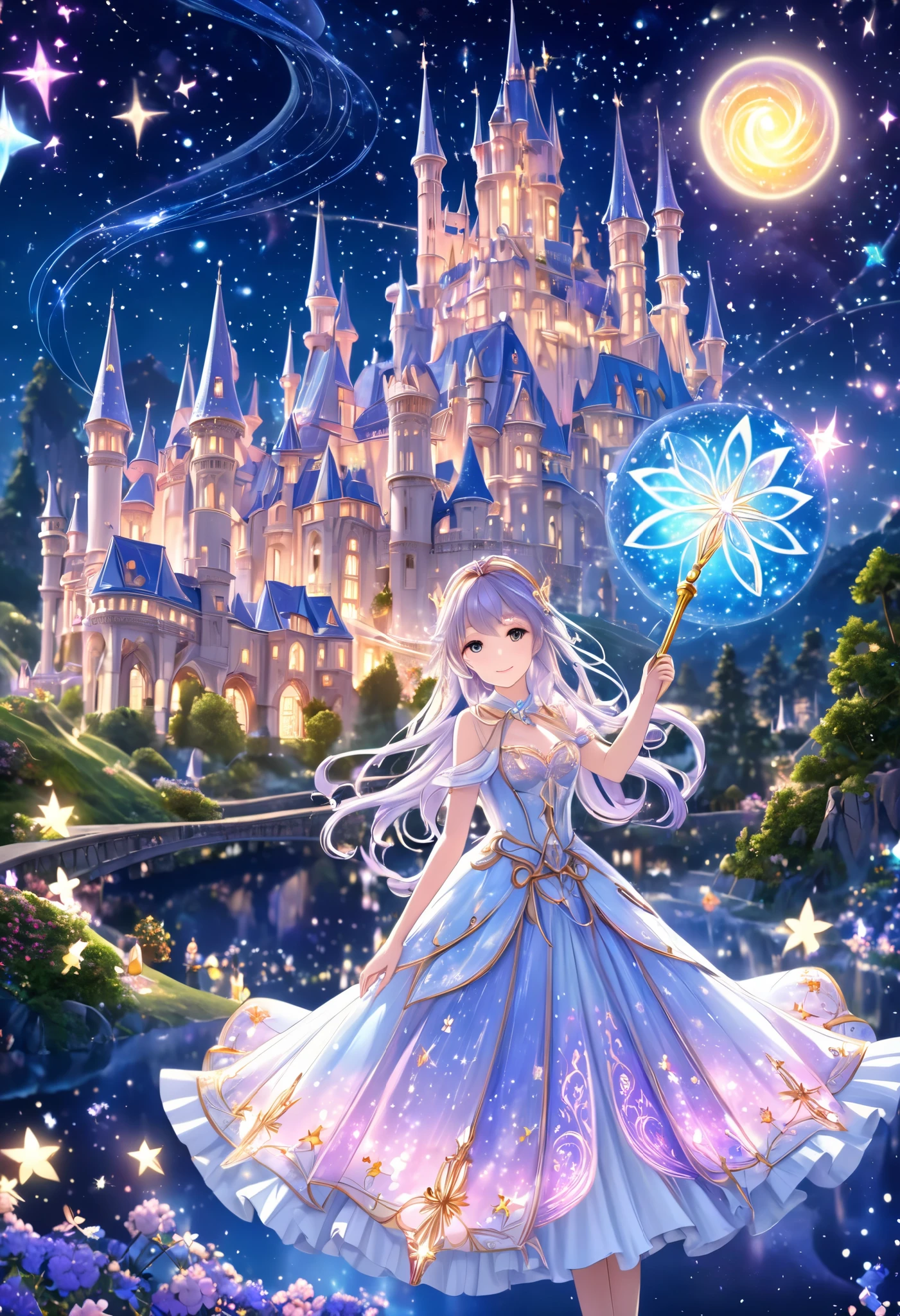  ( top quality, 8k,  high definition ,  high image quality,  Masterpiece), Fantastic starry sky,  Magical Girl waving a magic wand ,  the most beautiful anime girl, Starry Castle , Mystery,  fairy tale, Ultra Details, A magical night,  Dreamy Charm , Celestial Beauty ,  Wonder and Magic , Mysterious castle,  Fairy Tales in Reality ,  Radiant Elegance ,  Whimsical Charm ,  Magical Aura , Twinkling Stars, Guardian of the Light,  fantasy world, Night Wizard,  Fascinating Adventures ,  Legendary Tales ,  backgrounds, Detailed digital CG , 