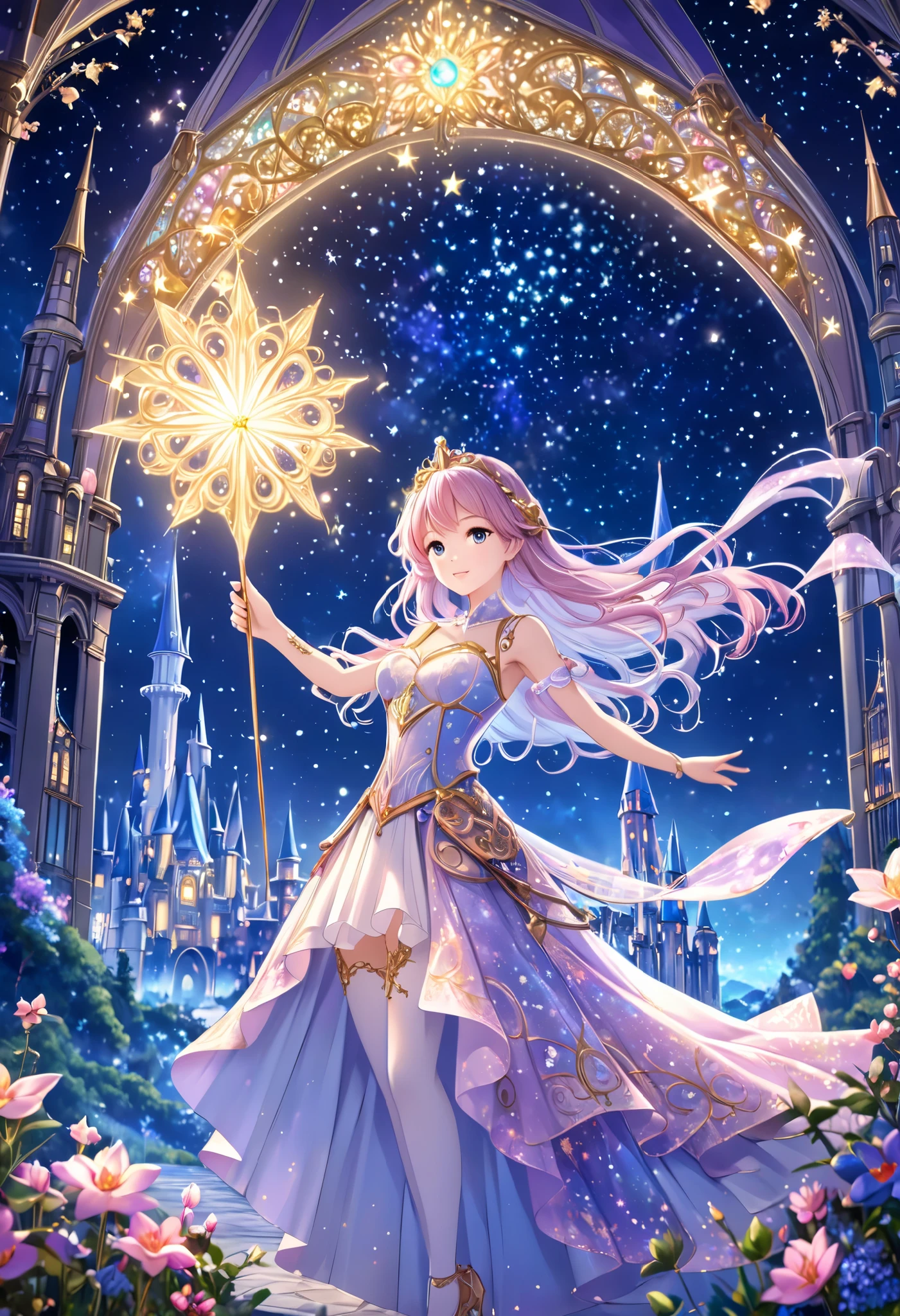  ( top quality, 8k,  high definition ,  high image quality,  Masterpiece), Fantastic starry sky,  Magical Girl waving a magic wand ,  the most beautiful anime girl, Starry Castle , Mystery,  fairy tale, Ultra Details, A magical night,  Dreamy Charm , Celestial Beauty ,  Wonder and Magic , Mysterious castle,  Fairy Tales in Reality ,  Radiant Elegance ,  Whimsical Charm ,  Magical Aura , Twinkling Stars, Guardian of the Light,  fantasy world, Night Wizard,  Fascinating Adventures ,  Legendary Tales ,  backgrounds, Detailed digital CG , 