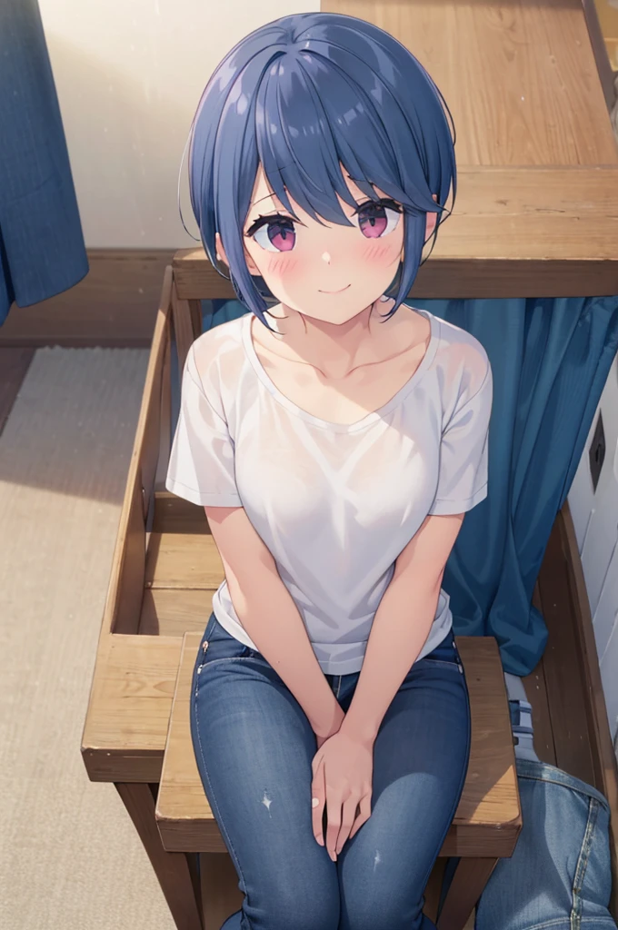  top quality,   Masterpiece ,  super high resolution, ( realistic : 1.4),Island Rin,  RAW photo,  1 girl, ,   knight , short haired 、Cottage Room, look at me, small breasts,,  Best Smile ,  pubic skin, Dramatic lighting,  nice,  (blush、cutest smile),  deep neckline ,(T-Shirts、jeans))、Sit down、 M-shaped leg opening