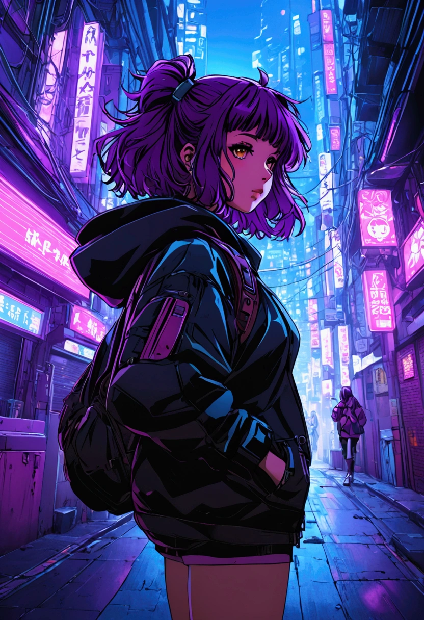japanaese girl,pale skin,beatiful face(purple hair)red jacket,Tokyo at night, with Cyberpunk style,Japanese streetwear,Tokyo Fashion,In a Cyberpunk 2 jacket 0 7 7,Full-length,attractive pose,Bottom view,Araffe woman in black dress and black hat posing for photo, inspired by Otake Chikuha, Sui Ishida with black hair, based on Iwasa Matabey, Masami Kurumada Style, inspired by Yukihiko Yasuda, based on Sakai Hoitsu, Wearing Japanese technical clothing, wearing a black noble suit