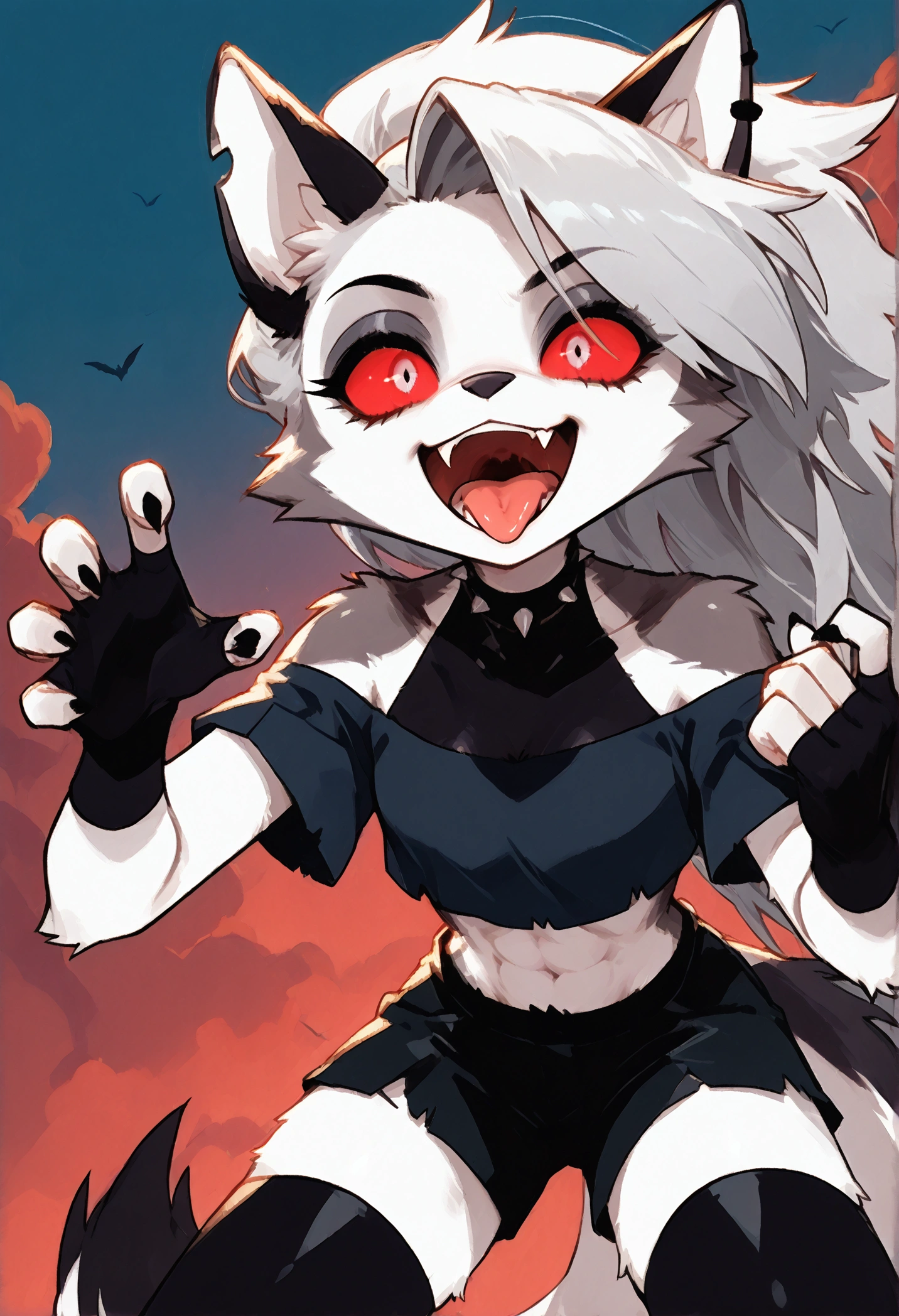 solo,1girl\(red eyes, Loona, Loona \(Helluva Boss\), Anthro, furry, thigh highs, fingerless gloves,Shorts, Crop top,evil smile,(fang:1.2), (open mouth:1.3),(tongue:1.3),(close-up of face:1.3),(abs:0.8),detailed face,detailed fur,shiny fur,shiny skin\).dynamic angle. score_9, score_8_up, score_7_up, score_6_up, score_5_up, score_4_up, source_anime,source_furry,rating_safe,rating_questionable,masterpiece, best quality, perfect anatomy , very aesthetic , absurdres ,