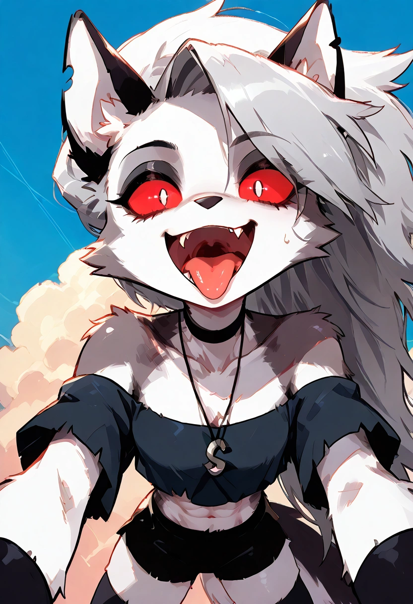 solo,1girl\(red eyes, Loona, Loona \(Helluva Boss\), Anthro, furry, thigh highs, fingerless gloves,Shorts, Crop top,evil smile,(fang:1.2), (open mouth:1.3),(tongue:1.3),(close-up of face:1.3),(abs:0.8),detailed face,detailed fur,shiny fur,shiny skin\).dynamic angle. score_9, score_8_up, score_7_up, score_6_up, score_5_up, score_4_up, source_anime,source_furry,rating_safe,rating_questionable,masterpiece, best quality, perfect anatomy , very aesthetic , absurdres ,