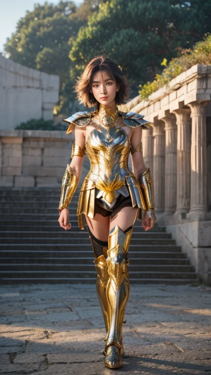  Cancer armor based on the Japanese anime Saint Seiya, shoulder_  armor decoration  ,    (  masterpiece:1.0), (   Better quality :1.0), ( ultra high resolution :1.0) ,(8k resolution:1.0), (realistic:1.0), (ultra detailed1:0),(raw photo:1.0), HDR, photograph,   Kodak Portra 400  , film grain, focused background,  vibrant color , bokeh effect,  Lens reflection, ((  perfect hands )),, ((perfect arms)), (perfect face), {{    perfect anatomy    }}, general plan, small hands, fine fingers, huge boobs
greek temple,   very detailed background  ,    1 woman wears golden Cancer armor,    golden armor  , Alone,  short blue hair , black eyes, smiling,    looking at the viewer  , face focused,   detailed face ,  vibrant color s,  Symmetrical eyes , visible lips, standing, holding breasts, (  full body  :1.2),