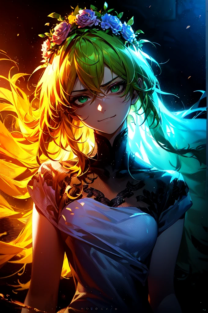 fcPortrait, masterpiece, photorealistic, best quality, (detailed anime, video game art, extremely detailed CG unity 8k wallpaper), (best quality), (best illustration), (best shadow), absurdres, realistic lighting, (Abyss), (upper body shot, close up shot:1.018), 1girl, woman, dynamic pose, green hair, long hair, wild hair, messy hair, green eyes, (head tilt, flirty, flower crown, flowers, smile, gesugao, smirk, glare, hateful anger and spite, arrogance, murderous expression, yandere:1.65), (white dress, white french dress:1.5), dramatic lighting, crystal body,shards,broken limb, warrior, princess, queen of the slaughter