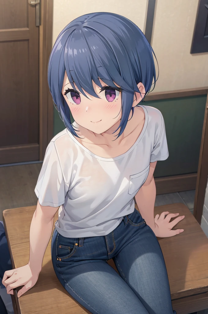  top quality,   Masterpiece ,  super high resolution, ( realistic : 1.4),Island Rin,  RAW photo,  1 girl, ,   knight , short haired 、Cottage Room, look at me, small breasts,,  Best Smile ,  pubic skin, Dramatic lighting,  nice,  (blush、cutest smile),  deep neckline ,(T-Shirts、jeans))、Sit down、 M-shaped leg opening:1.3