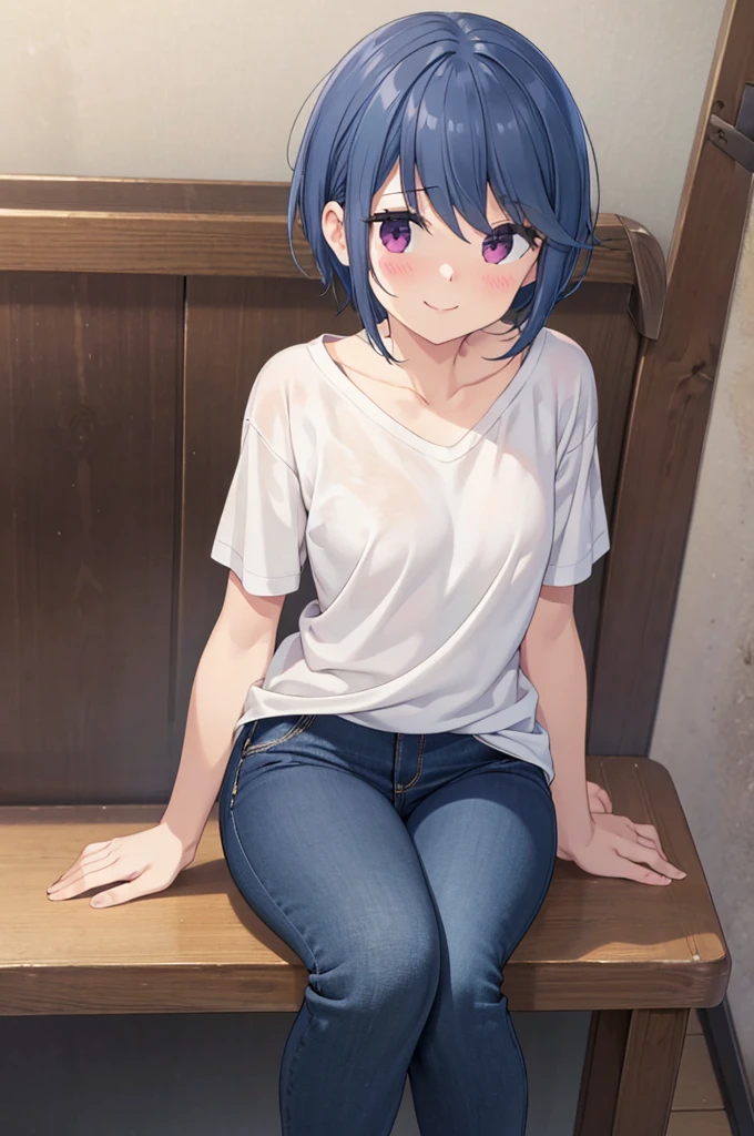  top quality,   Masterpiece ,  super high resolution, ( realistic : 1.4),Island Rin,  RAW photo,  1 girl, ,   knight , short haired 、Cottage Room, look at me, small breasts,,  Best Smile ,  pubic skin, Dramatic lighting,  nice,  (blush、cutest smile),  deep neckline ,(T-Shirts、jeans))、Sit down、 M-shaped leg opening:1.3