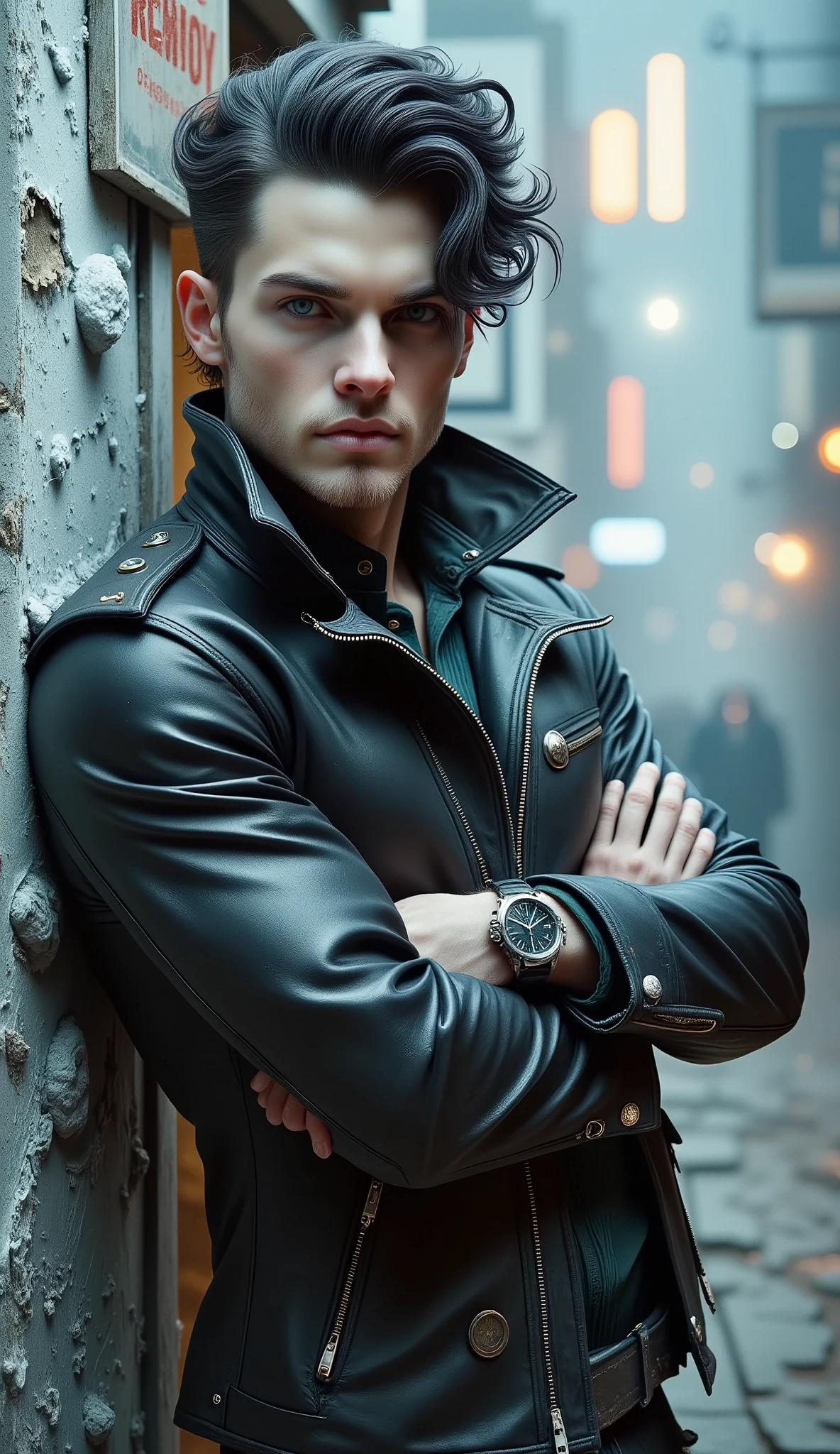 a man in a black jacket leaning against a peeling wall with detaching billboards, , This one with arms crossed ,  wears a watch on his wrist , jeans,  has one foot resting on the wall , Dress shoes, elegant pose,  modern hairstyle casts a shadow on the white wall ,  A photo inspired by Ludovit Fulla , flicker, attractive and handsome, full body model, Attractive Man, promotional image,  full body photo ,  full body portrait,  full body height , David Gandi , handsome and attractive, handsome man,  full body photo , renaissance, chiaroscuro, cinematic lighting, UHD, Retina,  masterpiece , Accurate, anatomically correct, textured skin, Super detail, high details, high quality,  award winning , best quality, highres, 1080P, HD, 16K