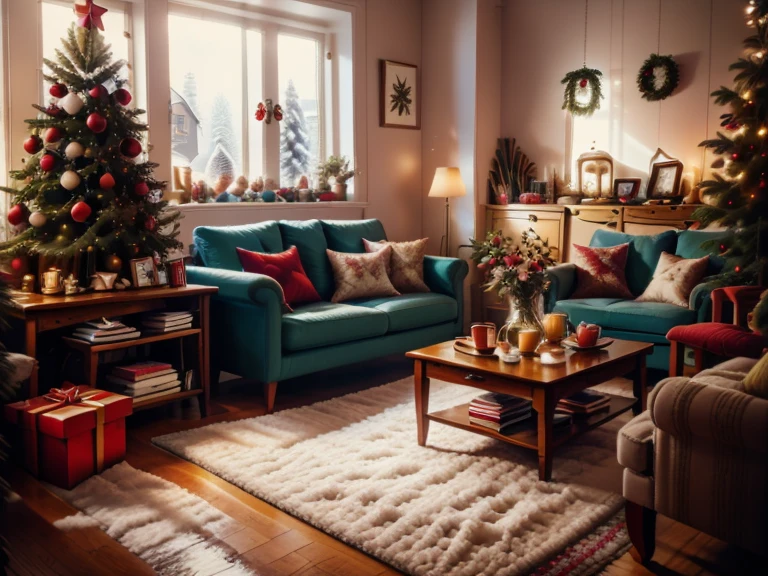 no humans, fireplace, couch, indoors, window, rug, christmas tree, candle, table, scenery, carpet, book, cup, pillow, christmas, wooden floor, christmas ornaments, plant, candlestand, snow, lamp, cushion, tree, mug, chair, vase, bookshelf, flower, book stack, potted plant, gift, teapot, box