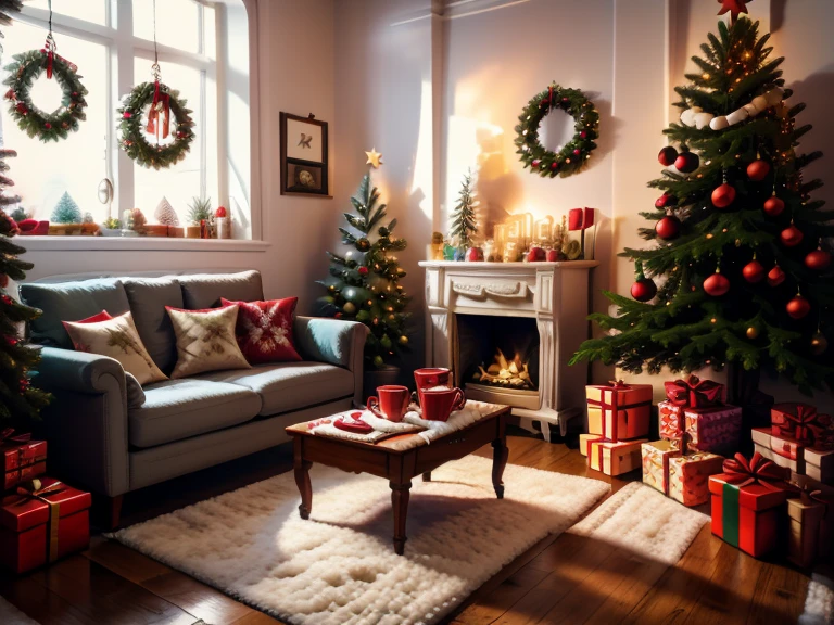 no humans, fireplace, couch, indoors, window, rug, christmas tree, candle, table, scenery, carpet, book, cup, pillow, christmas, wooden floor, christmas ornaments, plant, candlestand, snow, lamp, cushion, tree, mug, chair, vase, bookshelf, flower, book stack, potted plant, gift, teapot, box