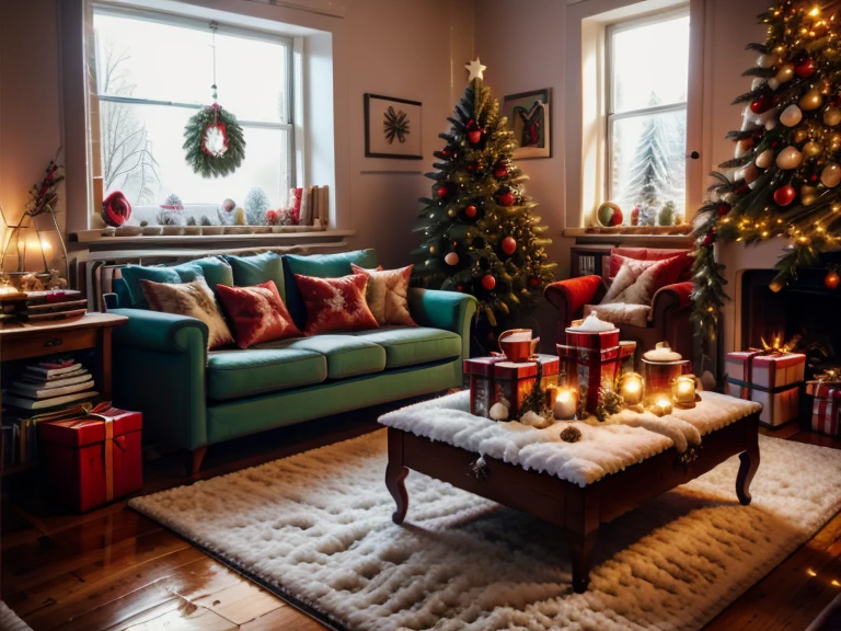 no humans, fireplace, couch, indoors, window, rug, christmas tree, candle, table, scenery, carpet, book, cup, pillow, christmas, wooden floor, christmas ornaments, plant, candlestand, snow, lamp, cushion, tree, mug, chair, vase, bookshelf, flower, book stack, potted plant, gift, teapot, box