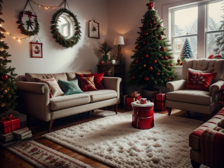 no humans, fireplace, couch, indoors, window, rug, christmas tree, candle, table, scenery, carpet, book, cup, pillow, christmas, wooden floor, christmas ornaments, plant, candlestand, snow, lamp, cushion, tree, mug, chair, vase, bookshelf, flower, book stack, potted plant, gift, teapot, box