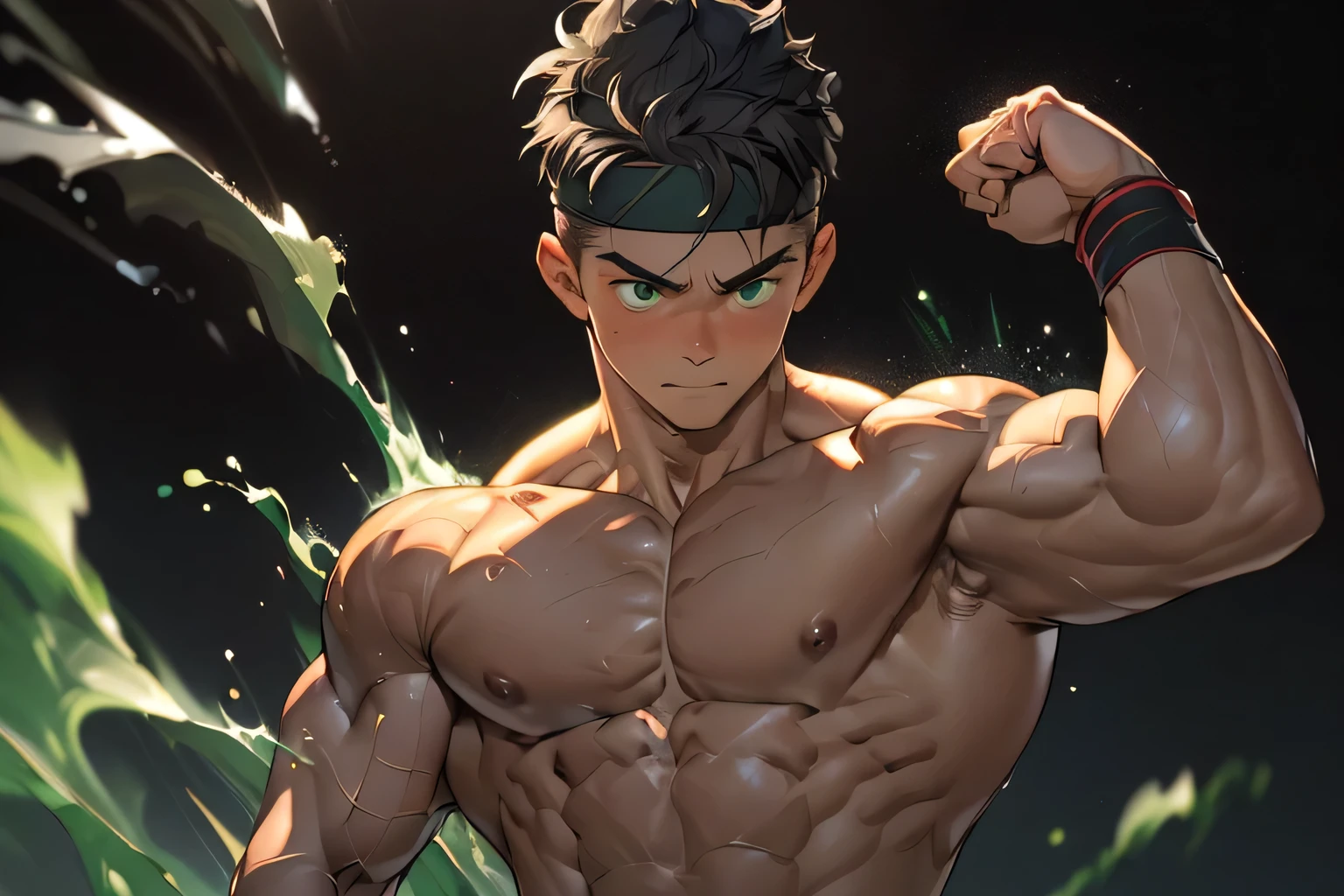 ((masterpiece, best quality, stalwart, (Depth of field:1.2))), (((((black background, deep night, upper body))))), (worm green eyes, Young boy, muscler, Shirtless, topless), ((((1boy, solo, flesh, tough, reliable, developed body)))), (Dark Short straight hair, green eyes, ((almost completely shaved hair)), under cut), (((red headband))), Vivid colors, ((big breast, big abs, big shoulder, muscular body, sturdy body, defined round and fleshy pecs, defined round and fleshy ABS, defined round and fleshy armsmuscular, well-defined muscles, toned body, shouldermuscler)), muscler!, muscler body, detailed face, detailed muscle, (((rippling muscles, Flowing energy, wearing wind to emphasize the power of his aura. Highlight his aura, blue and green aura effect, wearing energy stream, charge aura energy his right arm, Imposing, expressionless, random stance, ((rushpunch:1.2, motion blur)))))