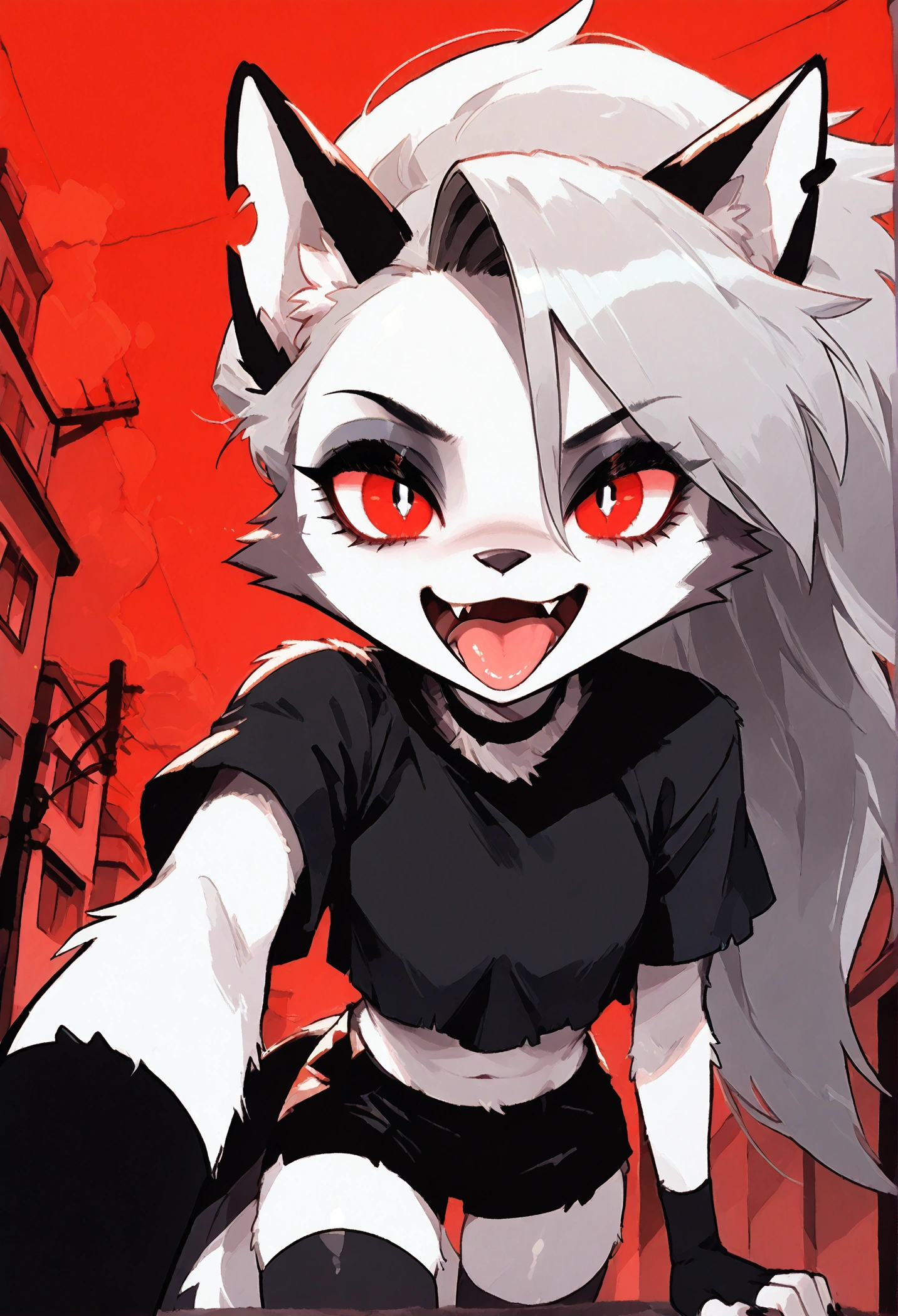 
solo,1girl\(red eyes, Loona, Loona \(Helluva Boss\), Anthro, furry, thigh highs, fingerless gloves,Shorts, Crop top,evil smile,(fang:1.2), (open mouth:1.3),(tongue:1.3),(close-up of face:1.3),(abs:0.8),detailed face,detailed fur,shiny fur,shiny skin\).dynamic angle. score_9, score_8_up, score_7_up, score_6_up, score_5_up, score_4_up, source_anime,source_furry,rating_safe,rating_questionable,masterpiece, best quality, perfect anatomy , very aesthetic , absurdres .limited palette.red filter.gothic horro mood