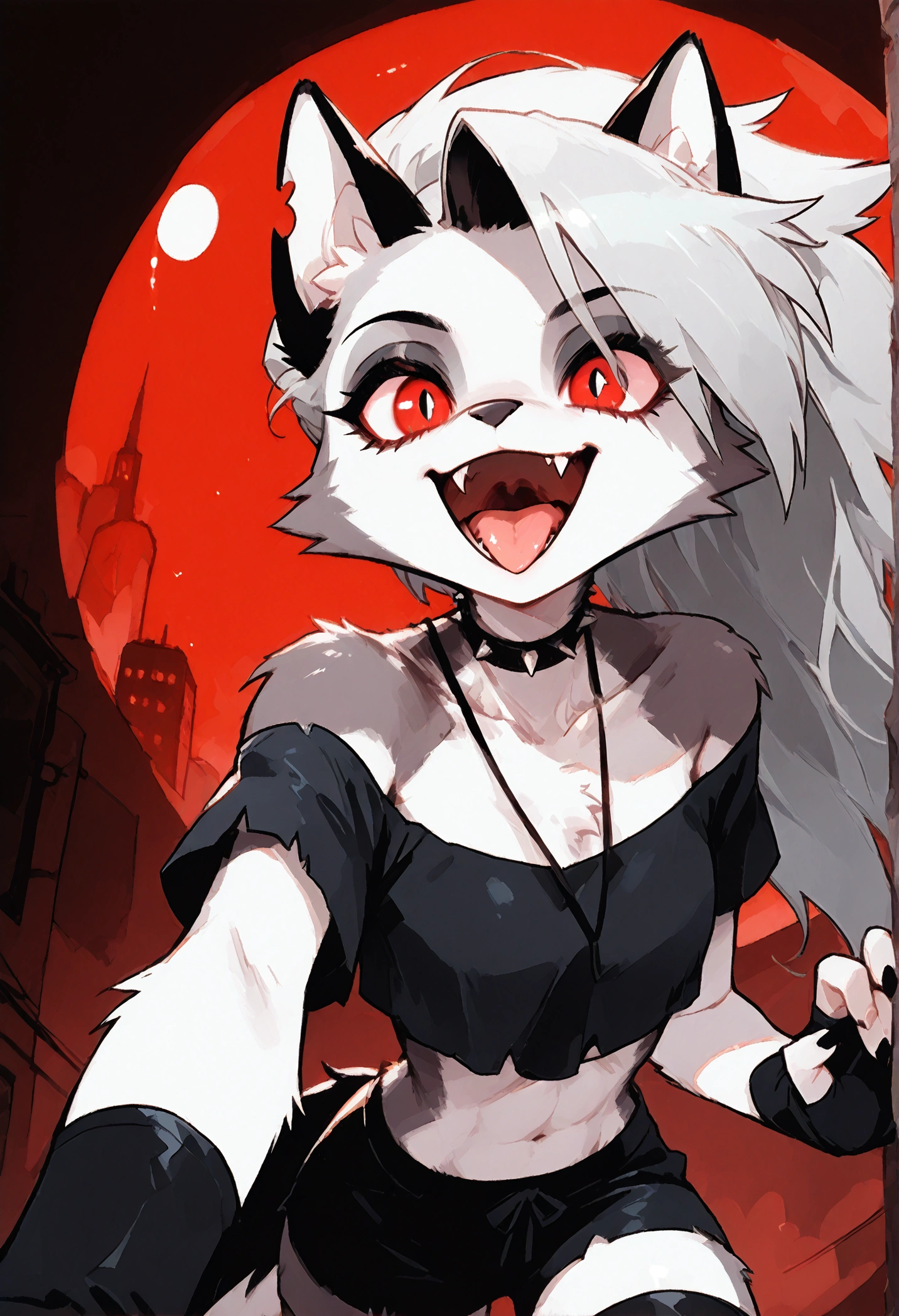 
solo,1girl\(red eyes, Loona, Loona \(Helluva Boss\), Anthro, furry, thigh highs, fingerless gloves,Shorts, Crop top,evil smile,(fang:1.2), (open mouth:1.3),(tongue:1.3),(close-up of face:1.3),(abs:0.8),detailed face,detailed fur,shiny fur,shiny skin\).dynamic angle. score_9, score_8_up, score_7_up, score_6_up, score_5_up, score_4_up, source_anime,source_furry,rating_safe,rating_questionable,masterpiece, best quality, perfect anatomy , very aesthetic , absurdres .limited palette.red filter.gothic horro mood