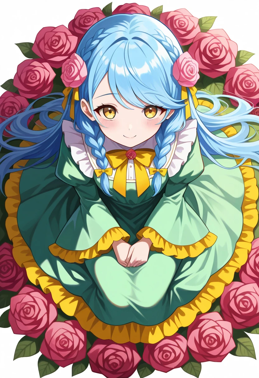 1girl, hair flower, long hair, braid, yellow eyes, blush, blue hair, swept bangs, pink hair, twin braids, dress, hair ornament, long sleeves, wide sleeves, frills, green dress, frilled dress, puffy sleeves, tassel, looking at viewer, sitting, own hands together, flower, rose, pink rose, bow, solo, transparent, white background, simple background, full body, from above, smile, yellow bow, closed mouth, red flower, juliet sleeves, yellow ribbon, rainbow, side braids, masterpiece, best quality, amazing quality, very aesthetic, high resolution, ultra-detailed, absurdres, newest,s cenery, depth of field, volumetric lighting,