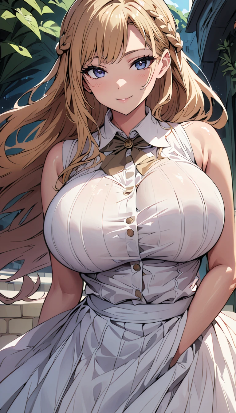 1girl, Ouka Makuzawa (The Café Terrace and Its Goddesses), The Café Terrace and Its Goddesses, long hair,huge breasts,solo, masterpiece, gleaming skin, super detailed skin, shiny hair, glamorous, seductive smile,waitress,standing,Seductive pose,full body,cafe terrace