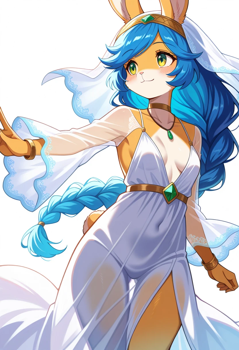 1girl, (furry, kemono:1.3), rabbit, rabbit girl, rabbit ears, long hair, blue hair, braid, floating hair, very long hair, collarbone, green eyes, yellow eyes, swept bangs, breasts, single braid, small breasts, dress, white dress, see-through, necklace, long sleeves, choker, long dress, wide sleeves, see-through sleeves, bracelet, see-through dress, plunging neckline, sleeveless, sleeveless dress, veil, standing, looking to the side, outstretched arm, solo, white background, simple background, cowboy shot, jewelry, closed mouth, smile, see-through silhouette, spaghetti strap masterpiece, best quality, amazing quality, very aesthetic, high resolution, ultra-detailed, absurdres, newest,s cenery, depth of field, volumetric lighting,