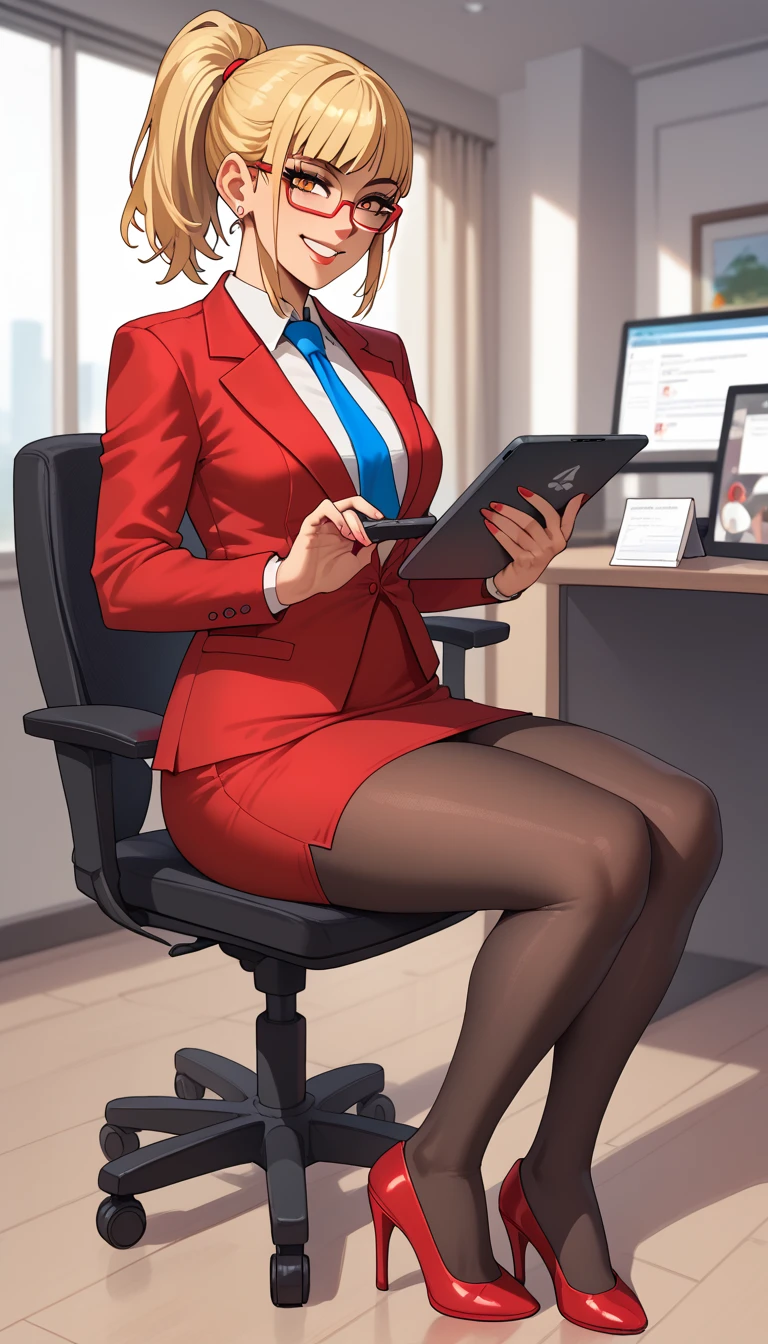  anime style, female secretary, red suit, blonde,  Ponytail, fringe, red glasses, red office suit,, Holding a tablet, viendo a cámara,  smiling, head on, blue tie,  full body,  red jacket, red short skirt, Lycra tights, red heels