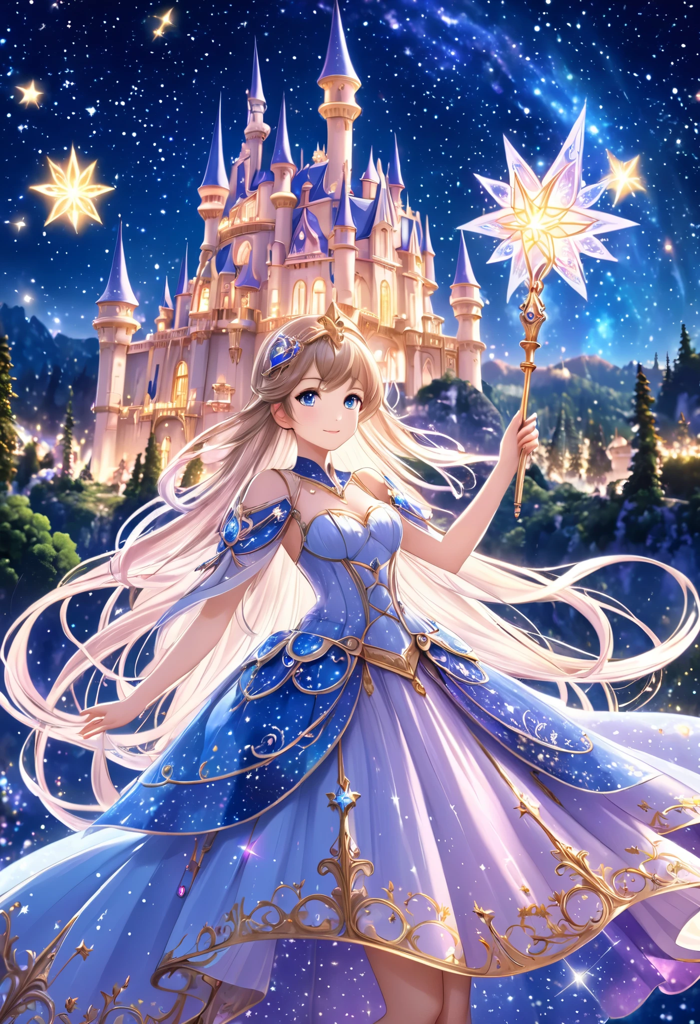  ( top quality, 8k,  high definition ,  high image quality,  Masterpiece), Fantastic starry sky,  Magical Girl waving a magic wand ,  the most beautiful anime girl, Starry Castle , Mystery,  fairy tale, Ultra Details, A magical night,  Dreamy Charm , Celestial Beauty ,  Wonder and Magic , Mysterious castle,  Fairy Tales in Reality ,  Radiant Elegance ,  Whimsical Charm ,  Magical Aura , Twinkling Stars, Guardian of the Light,  fantasy world, Night Wizard,  Fascinating Adventures ,  Legendary Tales ,  backgrounds, Detailed digital CG , 